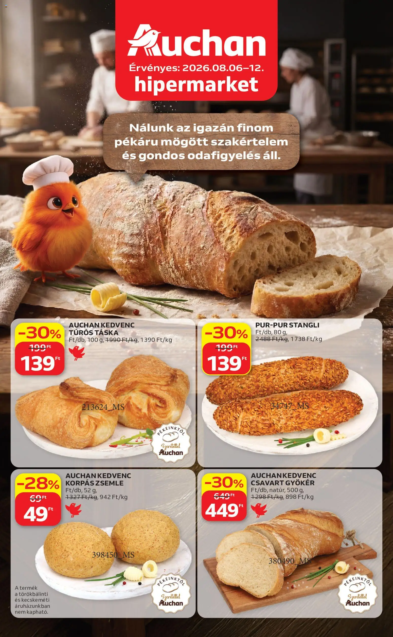 Auchan akciós ujság - amely érvényes a következő dátumtól: 2026.08.06. | Oldal: 1 | Termékek: Túrós táska, Táska, Zsemle, Stangli