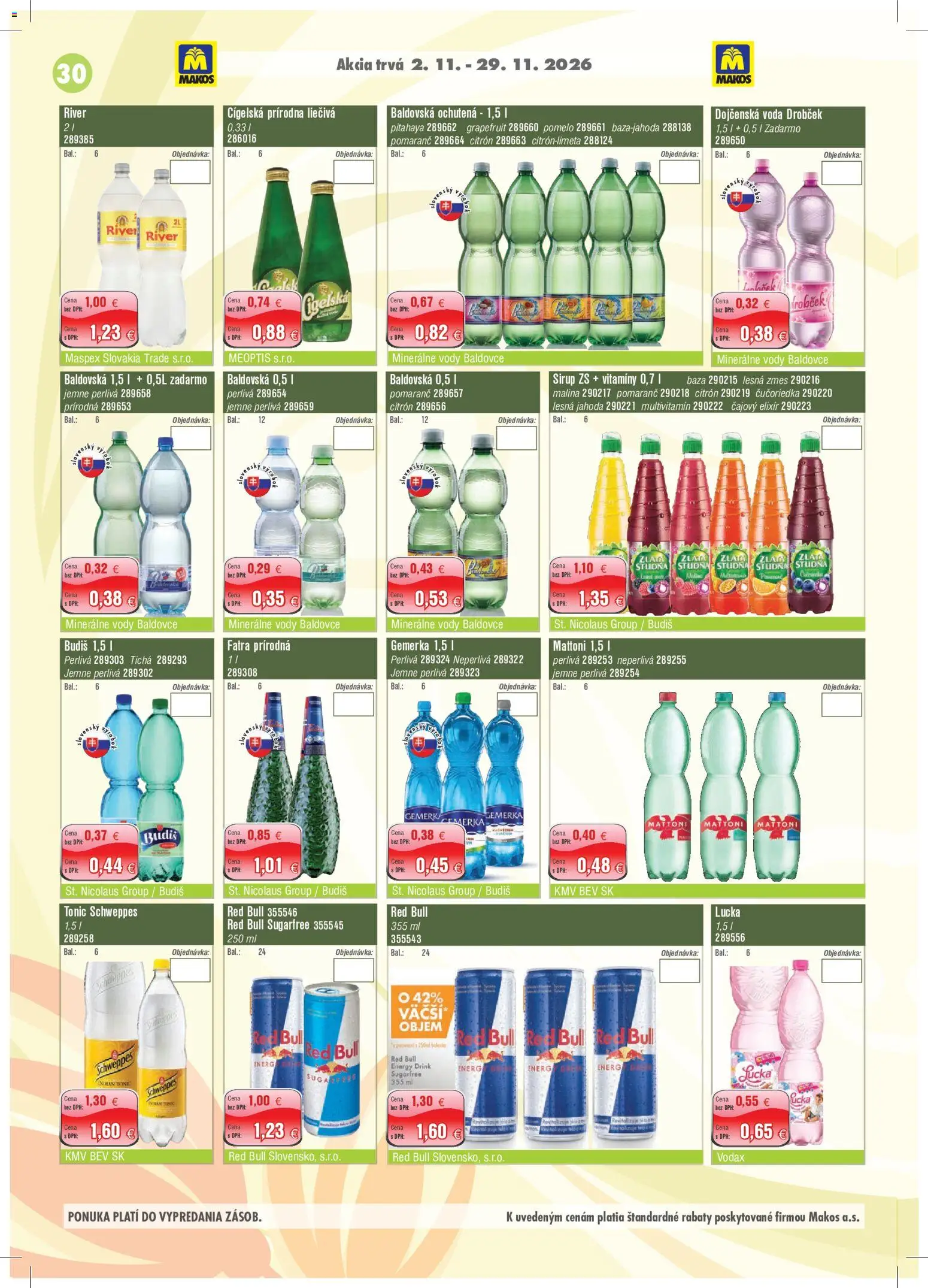 Nové Makos akcie – leták je platný od 02.11.2026 | Strana: 30 | Produkty: Multivitamín, Led, Red Bull, Grapefruit