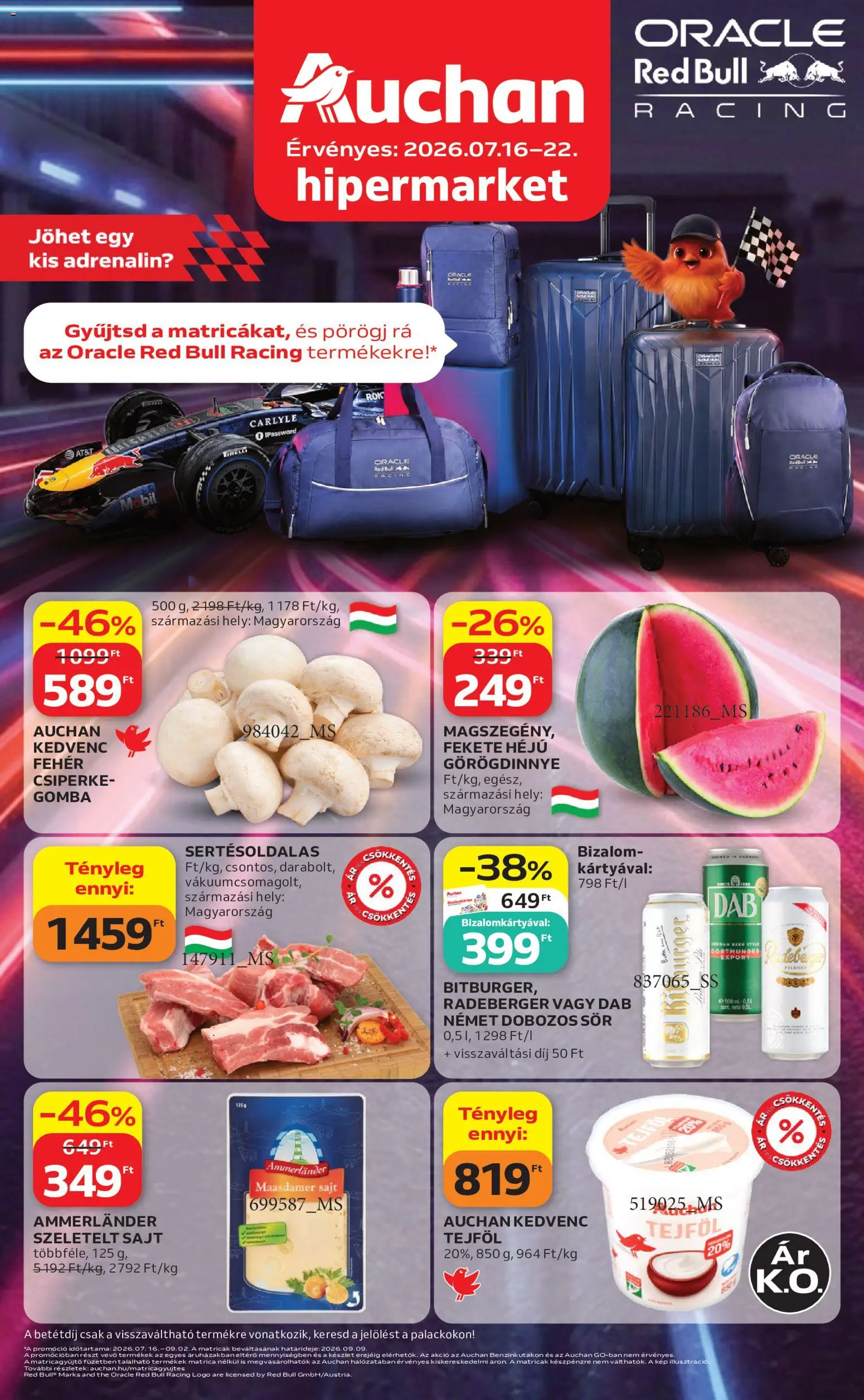 Auchan akciós ujság - amely érvényes a következő dátumtól: 2026.07.16. | Oldal: 1 | Termékek: Görögdinnye, Red bull, Gomba, Sajt