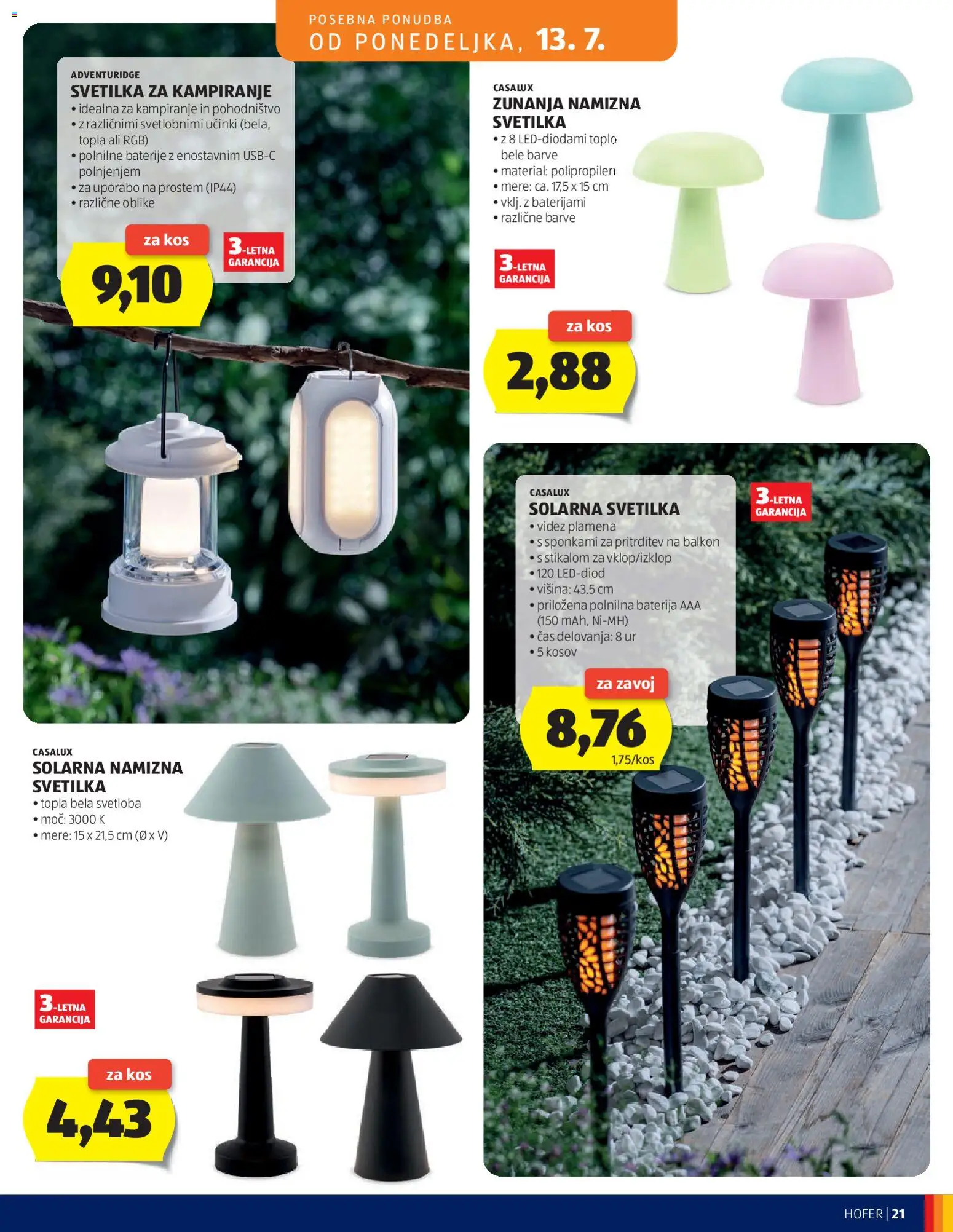 Novi Hofer katalog ponudbe – veljaven od 08.07.2026 | Stran: 21 | Izdelki: Solarna svetilka, Baterije, Kos, Svetilka