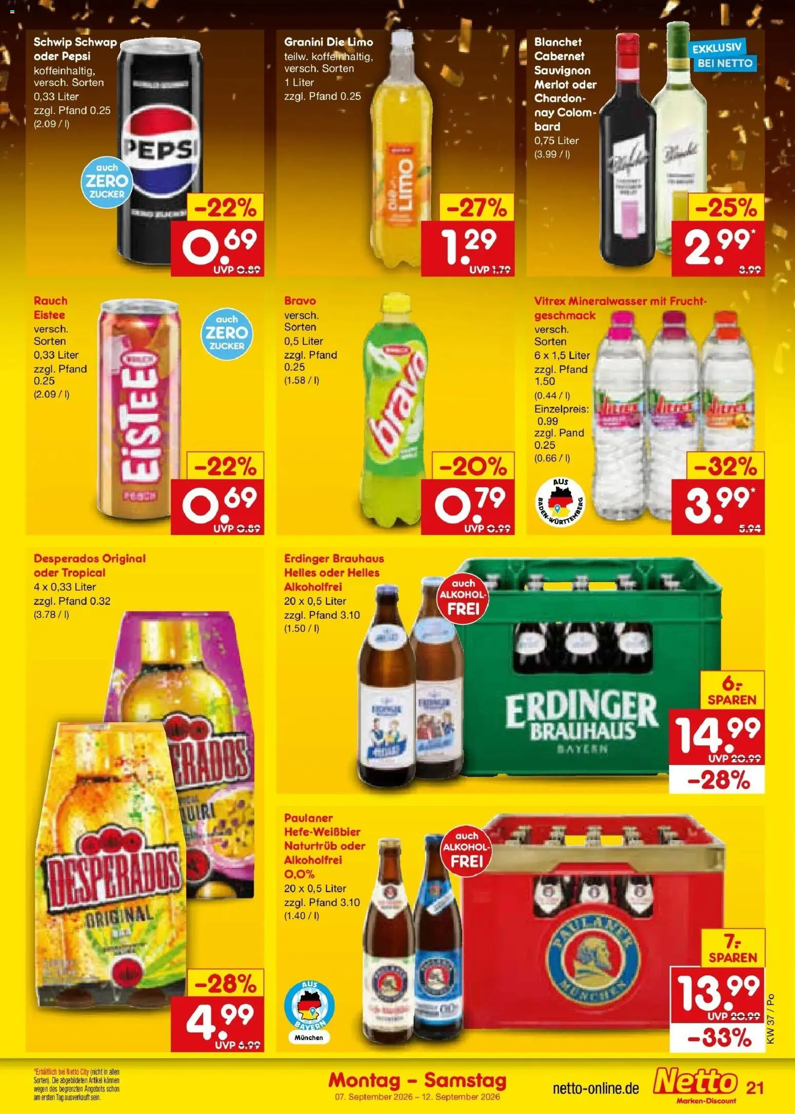 Netto Marken-Discount Prospekt Amberg – gültig ab 07.09.2026 | Seite: 29 | Produkte: Merlot, Mineralwasser, Desperados, Pepsi
