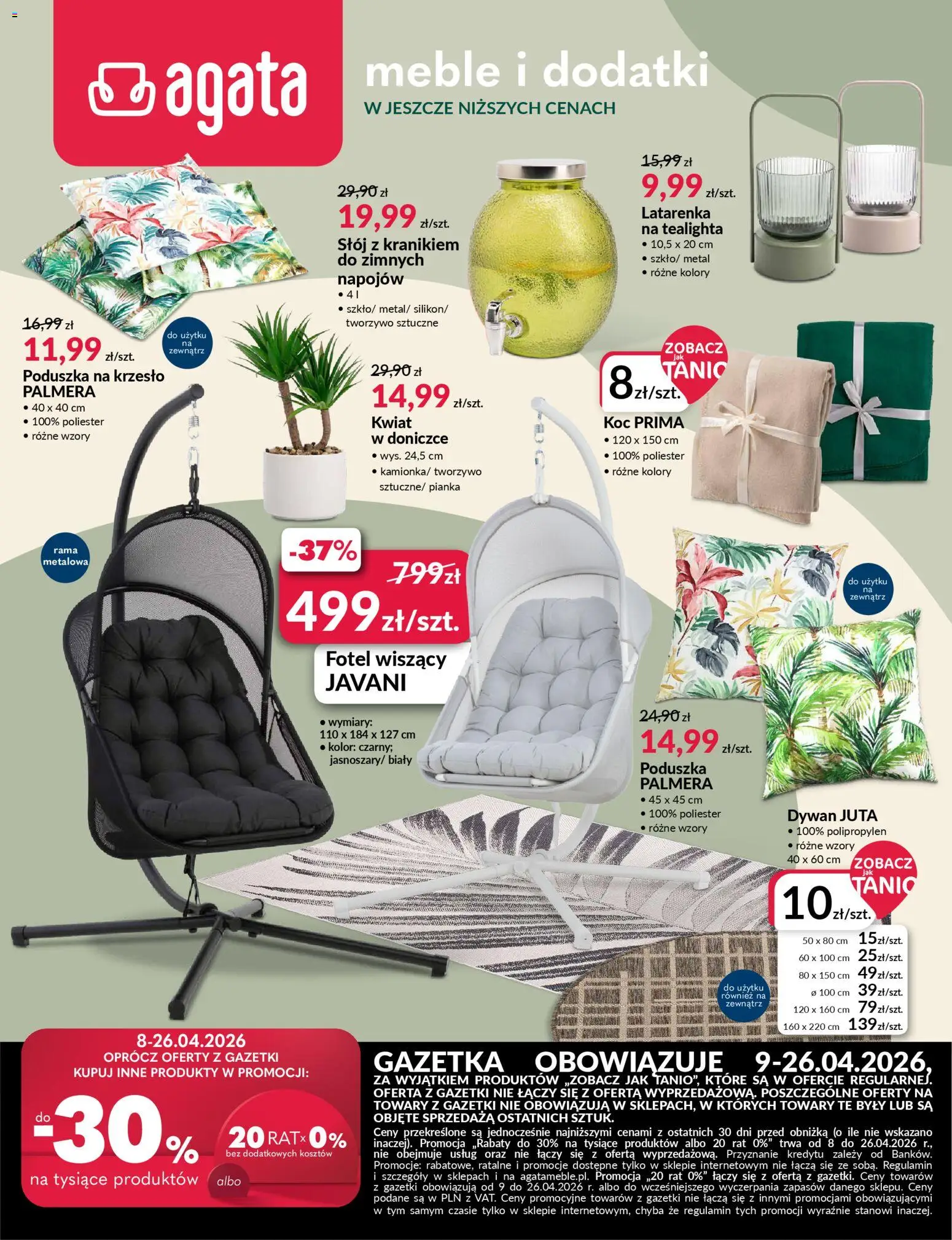 Salony Agata gazetka od 09.04.2026 | Strona: 1 | Produkty: Poduszka, Fotel, Krzesło, Dywan