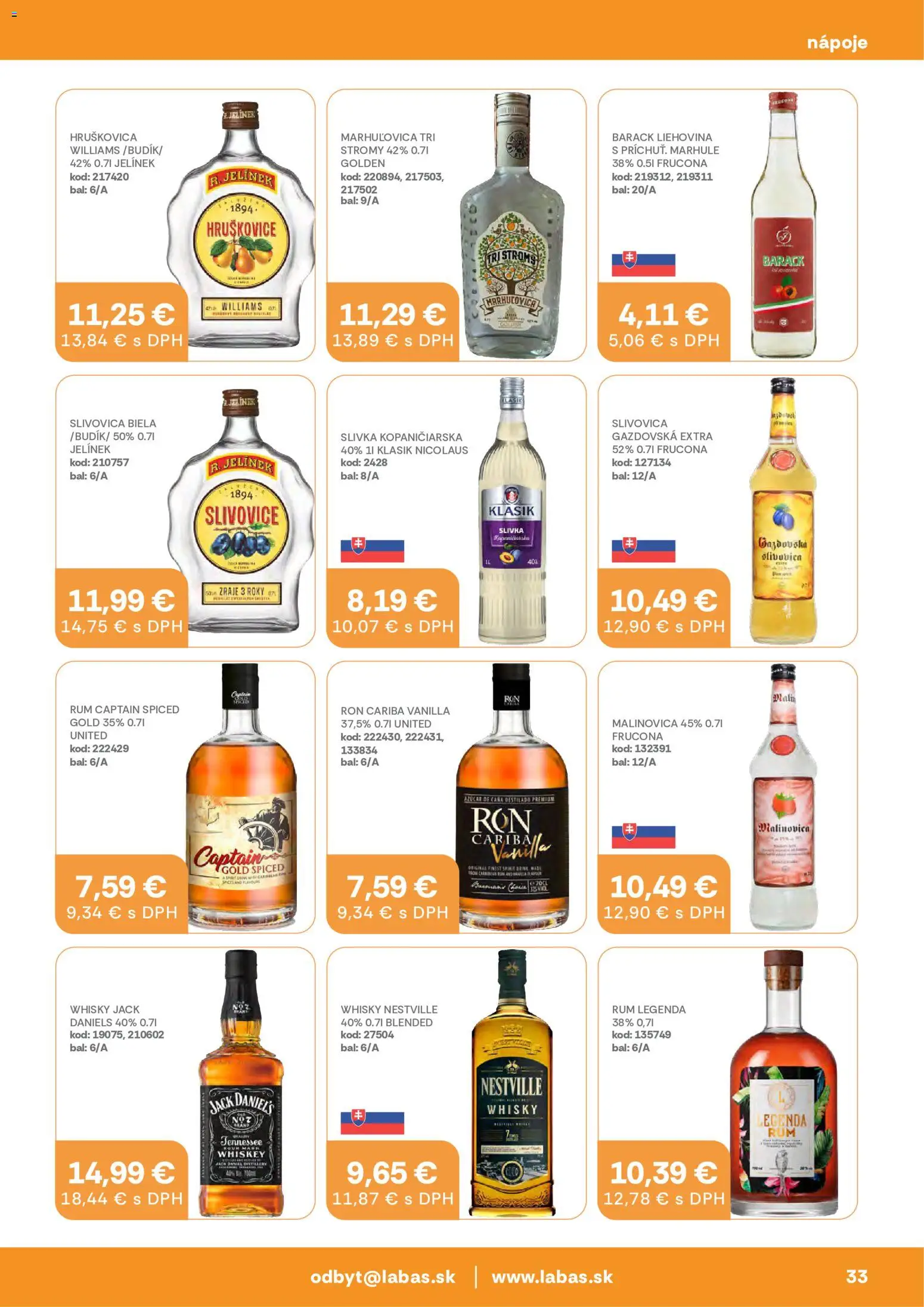 Nové Labaš akcie – leták je platný od 17.07.2026 | Strana: 33 | Produkty: Slivovica, Whisky, Rum, Jack Daniel's