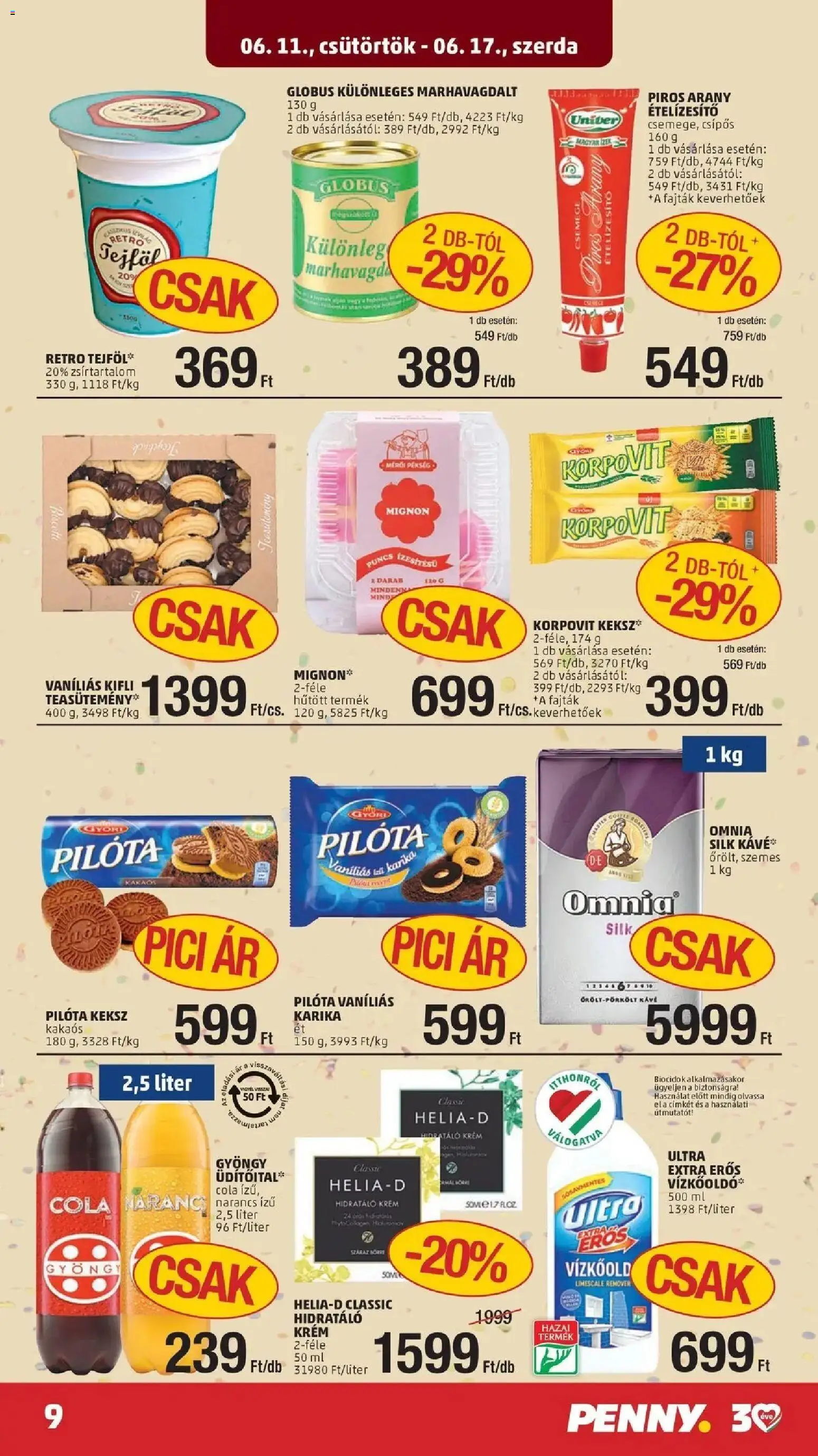 PENNY akciós ujság - amely érvényes a következő dátumtól: 11.06.2026 | Oldal: 9 | Termékek: Kifli, Cola, Kávé, Narancs