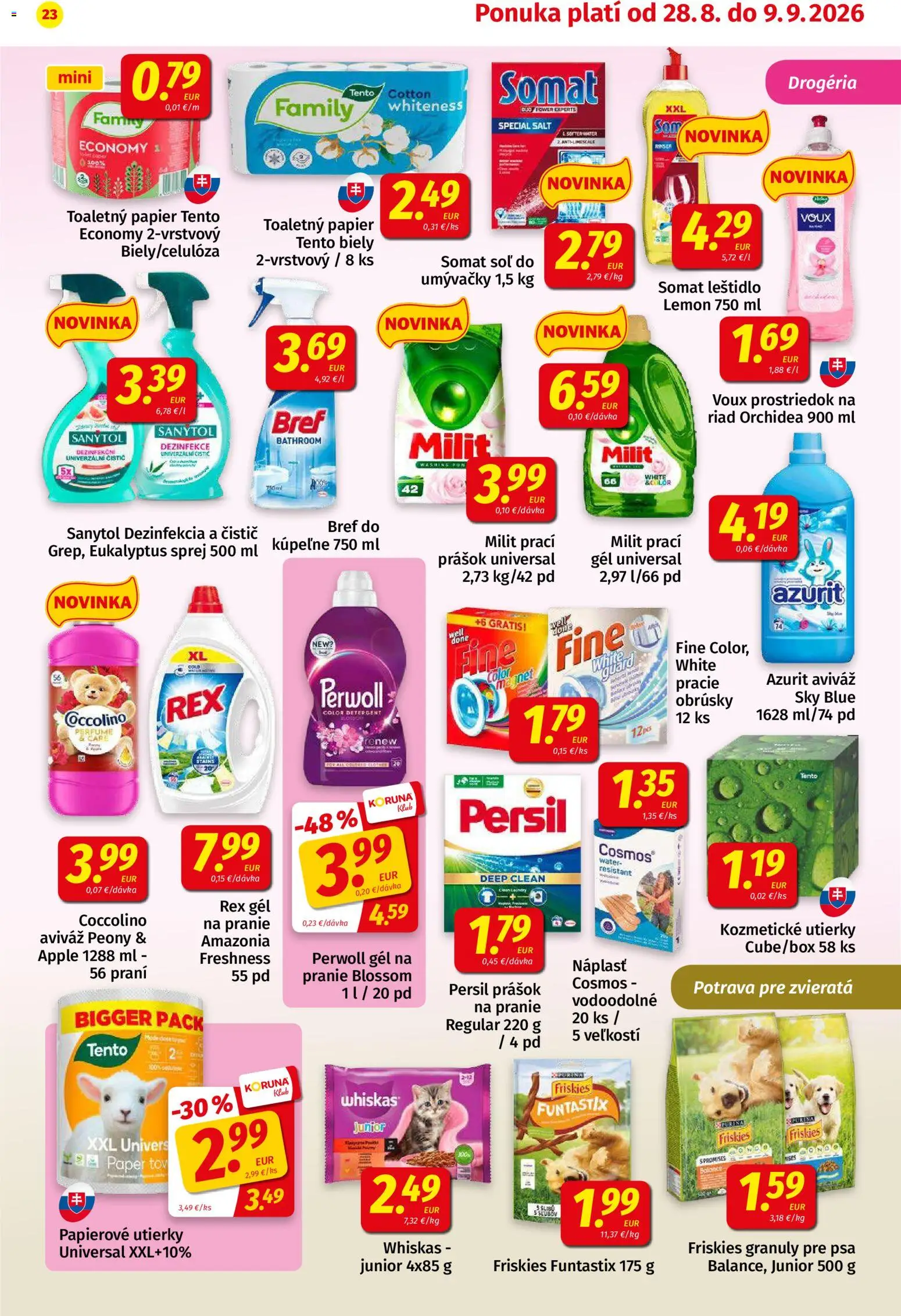 Nové Koruna akcie – leták je platný od 14.08.2026 | Strana: 23 | Produkty: Toaletný papier, Aviváž, Coccolino, Papierové utierky