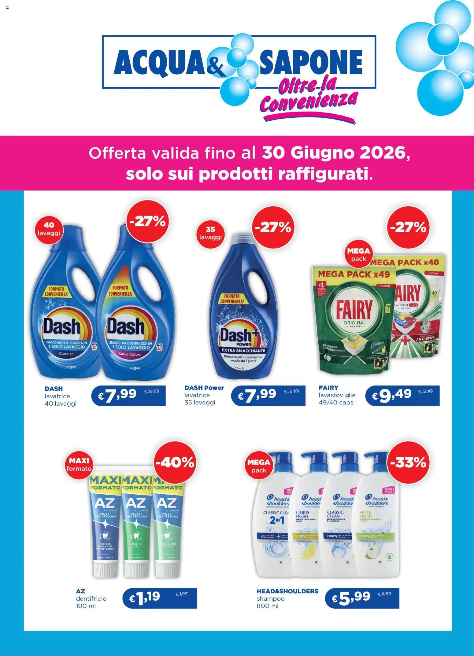 Volantino Acqua e Sapone del 29/06/2026 | Pagina: 1 | Prodotti: Shampoo, Sapone, Lavatrice, Lavastoviglie