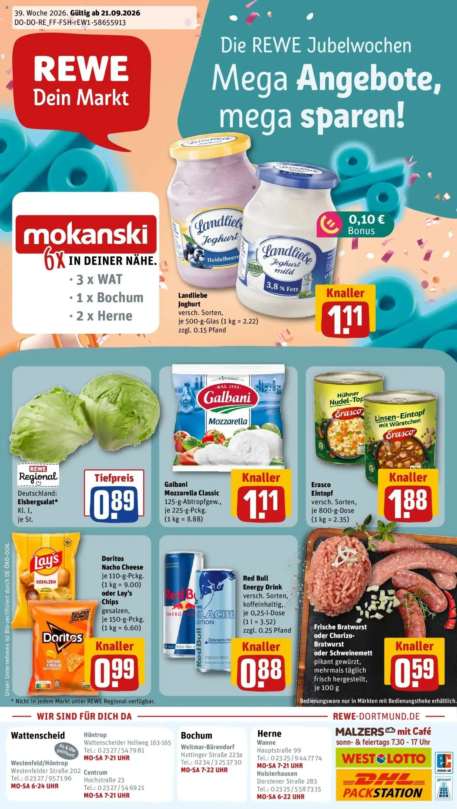 REWE Prospekt ab 21.09.2026 zum Blättern » Angebote | Seite: 1 | Produkte: Mozzarella, Erasco, Chips, Uhr