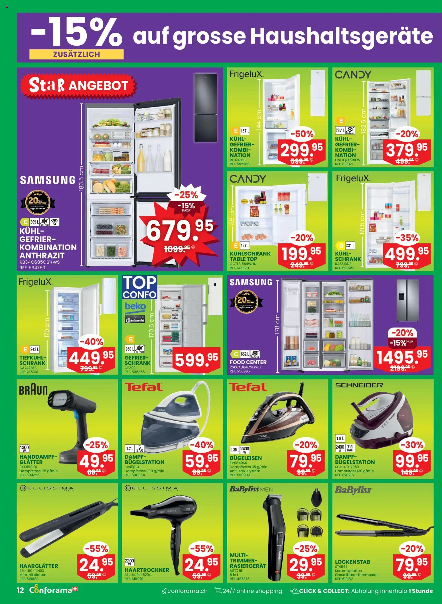 Conforama aktionen – gültig ab 08.04.2026 | Seite: 12 | Produkte: Lockenstab, Bügeleisen, Top, Kühlschrank