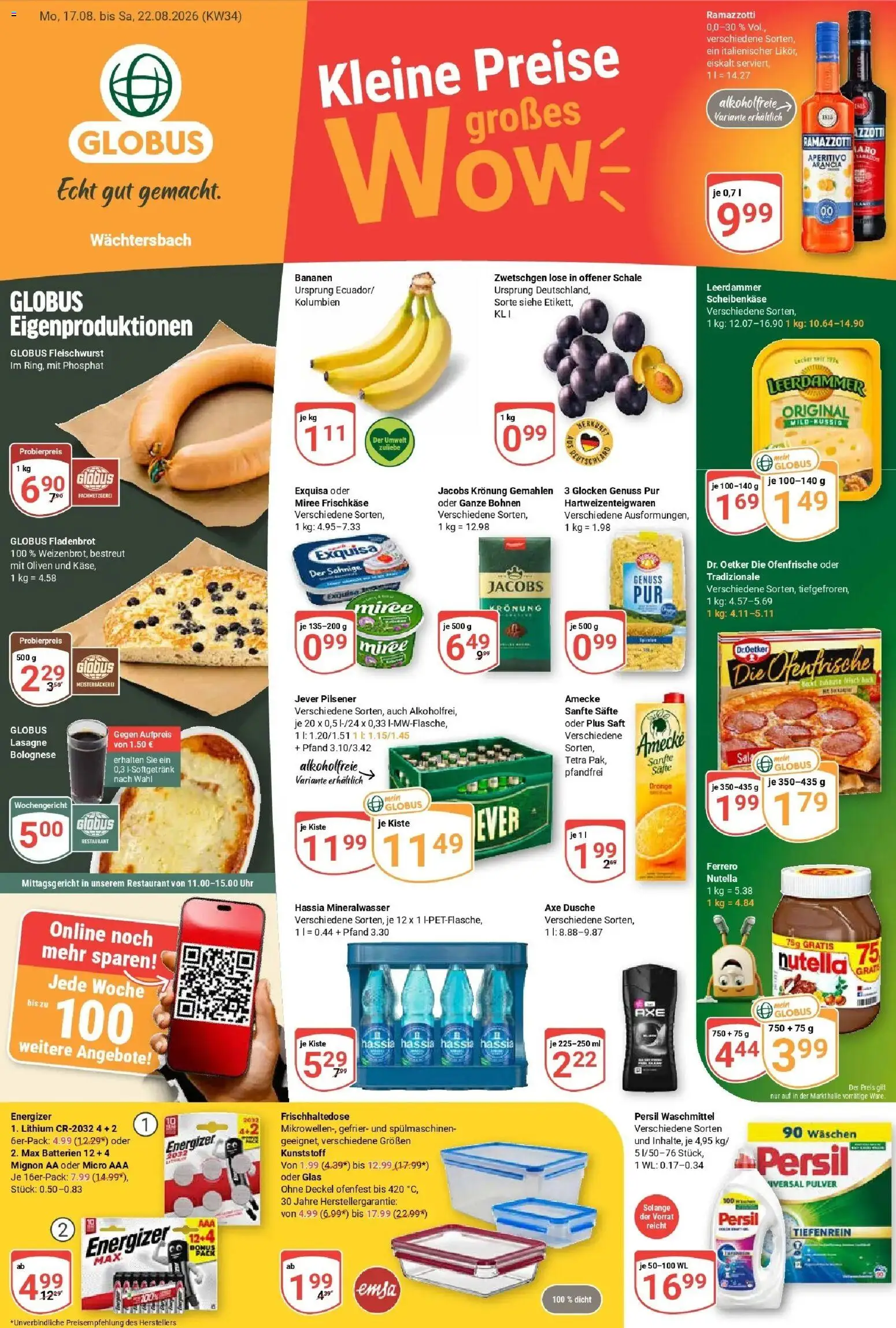 Globus Prospekt Wächtersbach (ab 17.08.2026) » Angebote online | Seite: 1 | Produkte: Lasagne, Exquisa, Saft, Ramazzotti