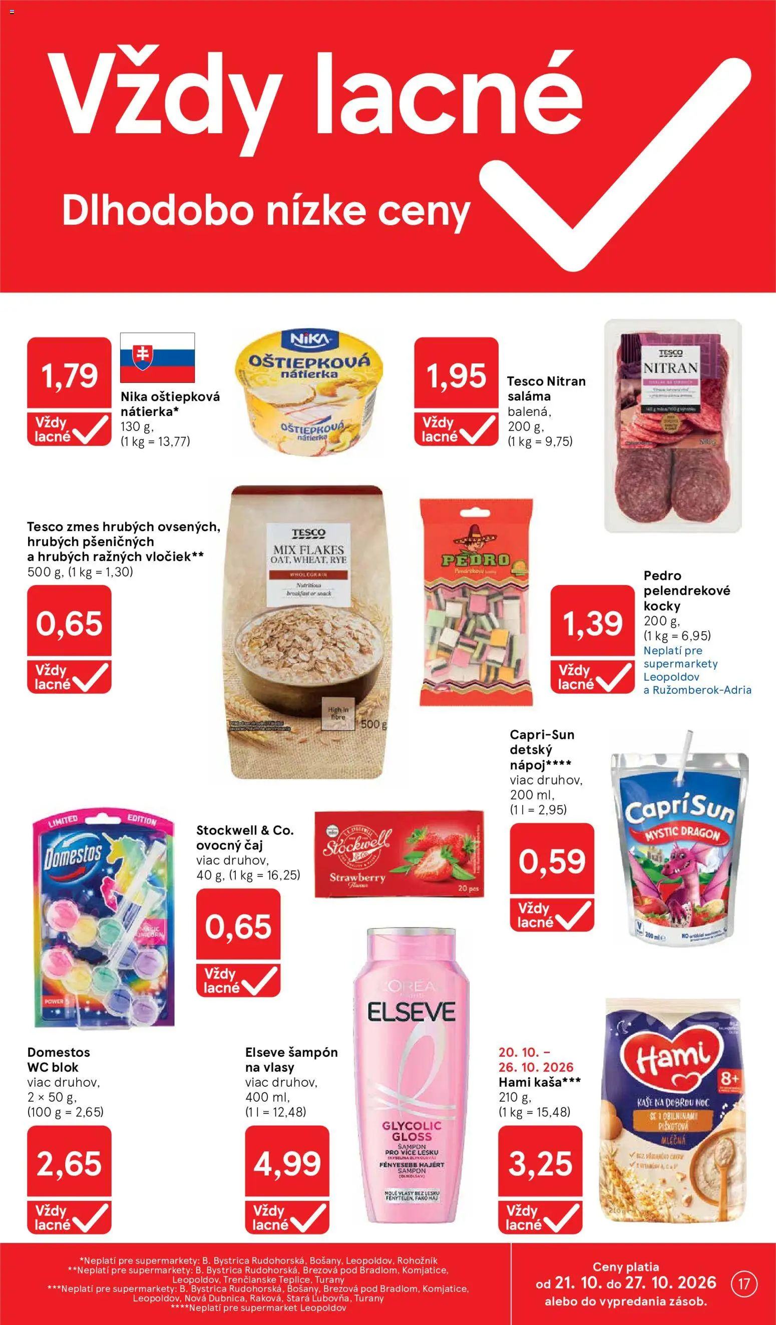 Nové Tesco akcie – leták je platný od 21.10.2026 | Strana: 17 | Produkty: Wc blok, Ovocný čaj, Detský nápoj, Kaša
