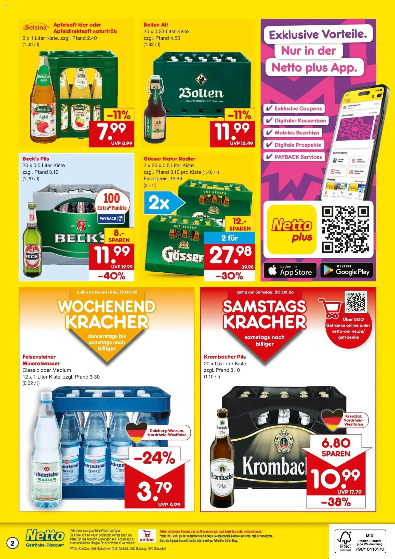 Netto Marken-Discount Prospekt Düsseldorf – gültig ab 15.06.2026 | Seite: 2 | Produkte: Apfelsaft, Mineralwasser, Radler, Krombacher