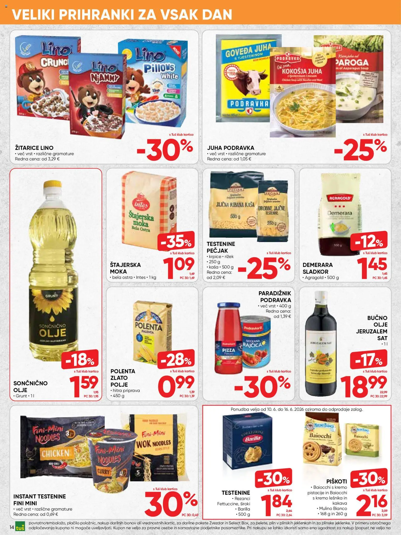 Novi Tuš katalog ponudbe – veljaven od 10.06.2026 | Stran: 14 | Izdelki: Juha, Olje, Testenine, Piskoti
