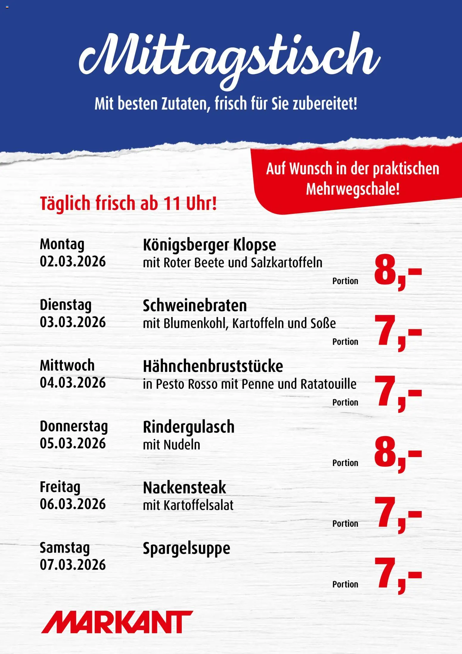Markant Mittagstisch – gültig ab 02.03.2026 | Seite: 1 | Produkte: Rindergulasch, Soße, Nudeln, Uhr