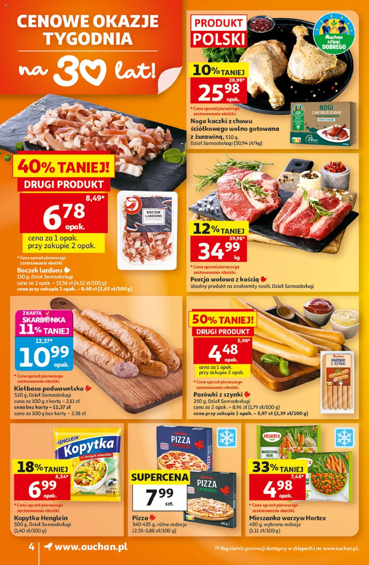Auchan gazetka od 29.10.2026 | Strona: 4 | Produkty: Parówki, Kiełbasa podwawelska, Pizza, Mieszanka warzyw