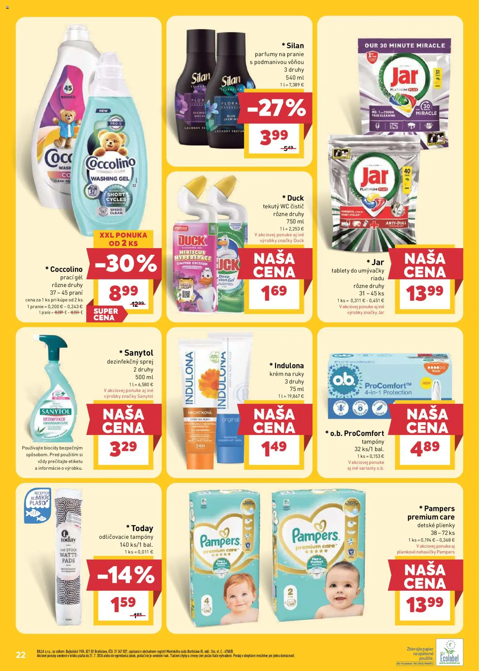Nové Billa akcie – leták je platný od 15.07.2026 | Strana: 22 | Produkty: Pampers Premium Care, Silan, Krém, Plienky