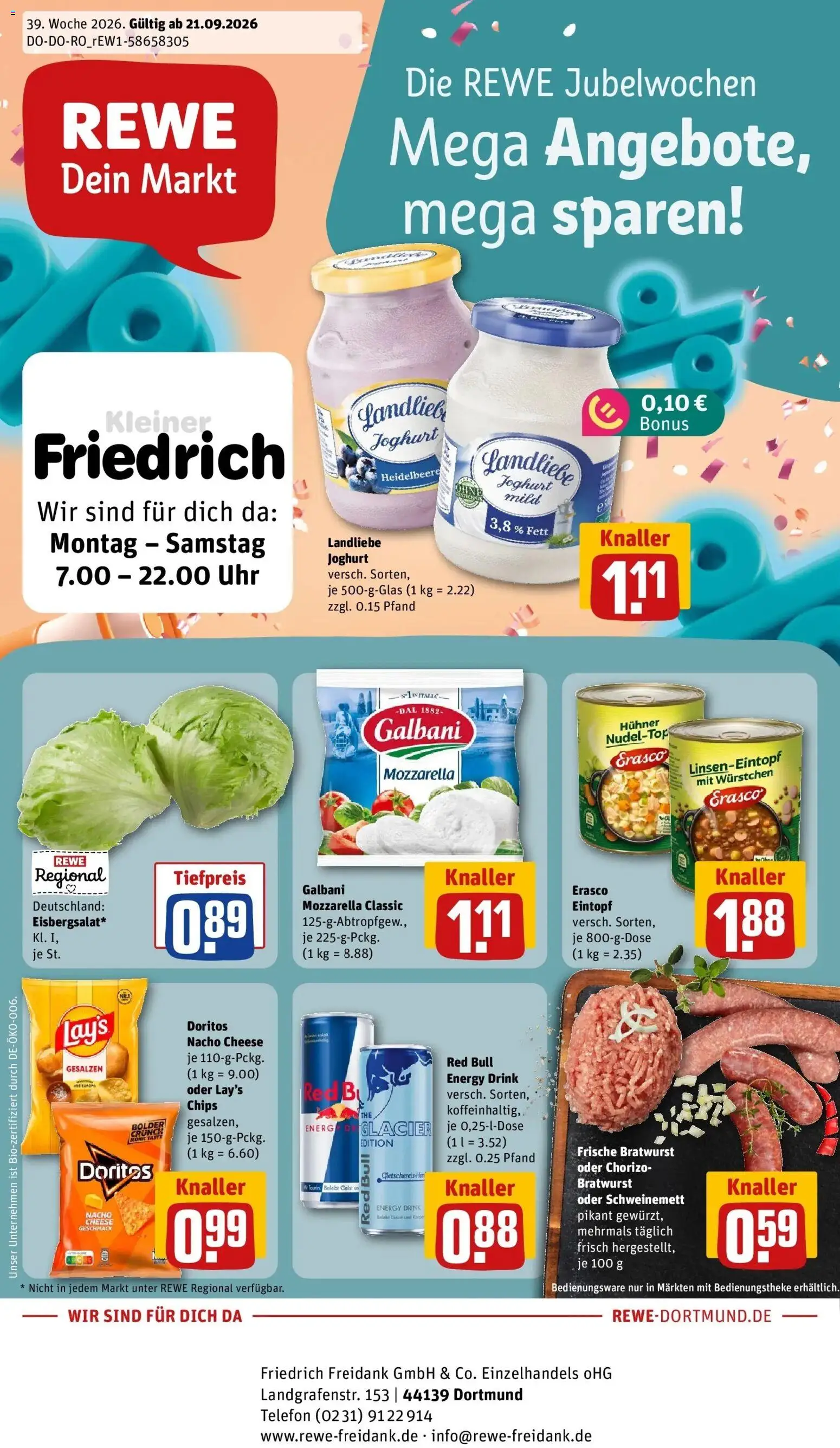 REWE Prospekt ab 21.09.2026 zum Blättern » Angebote | Seite: 1 | Produkte: Mozzarella, Erasco, Chips, Uhr