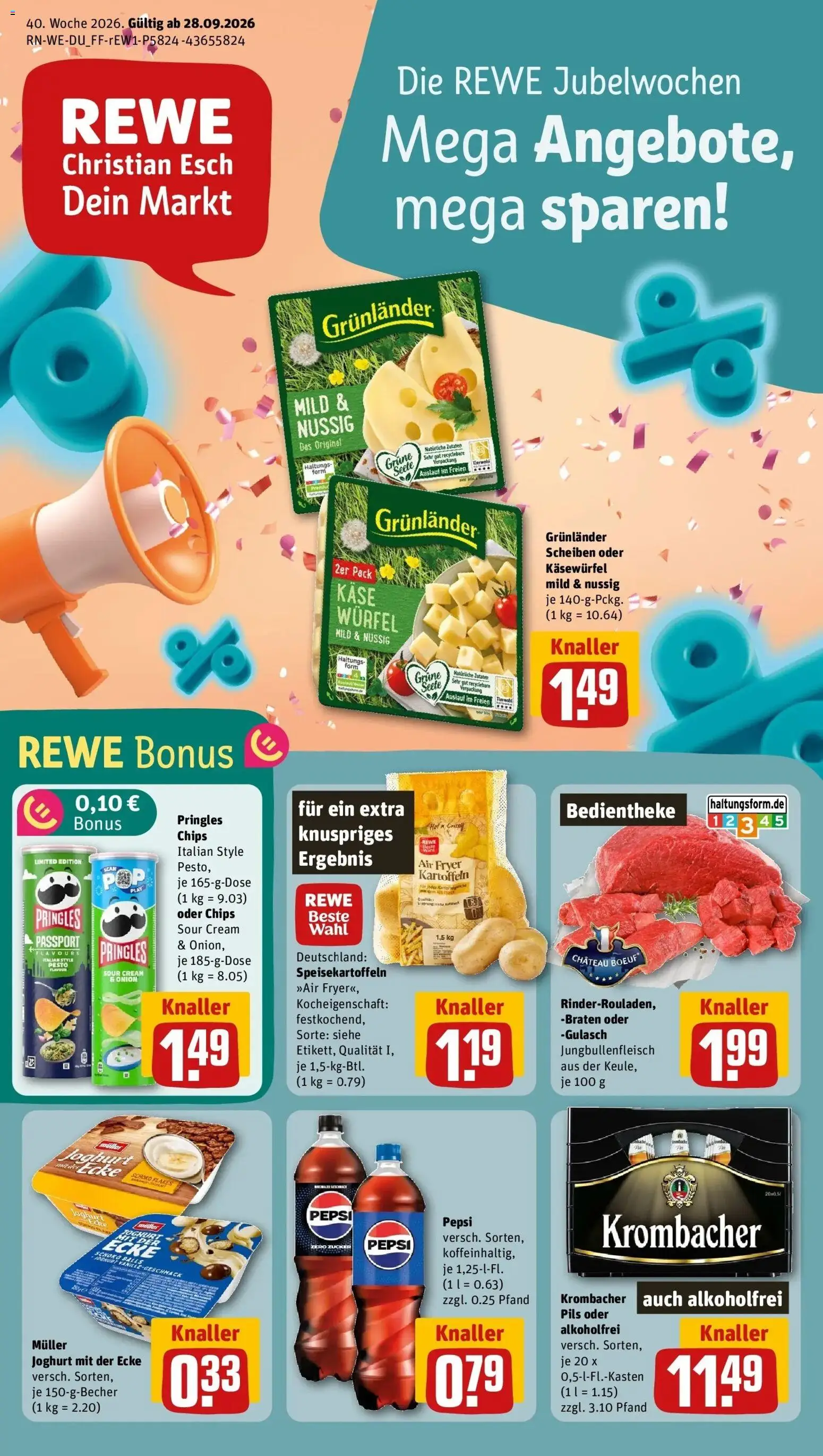REWE Prospekt ab 28.09.2026 zum Blättern » Angebote | Seite: 1 | Produkte: Käse, Pils, Kartoffeln, Chips