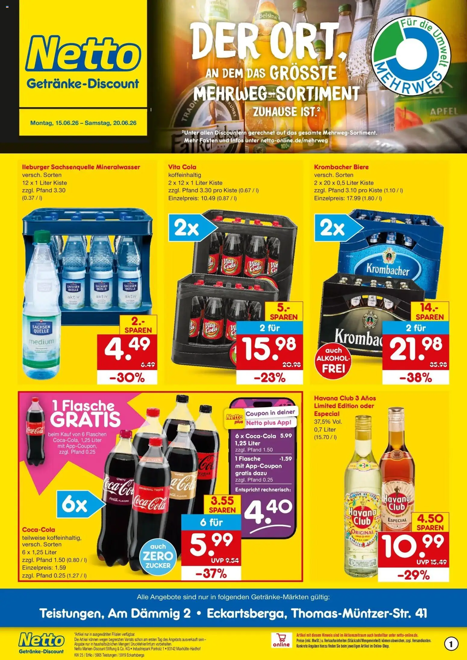 Netto Marken-Discount Prospekt Eckartsberga – gültig ab 15.06.2026 | Seite: 1 | Produkte: Cola, Mineralwasser, Zucker, Vita cola