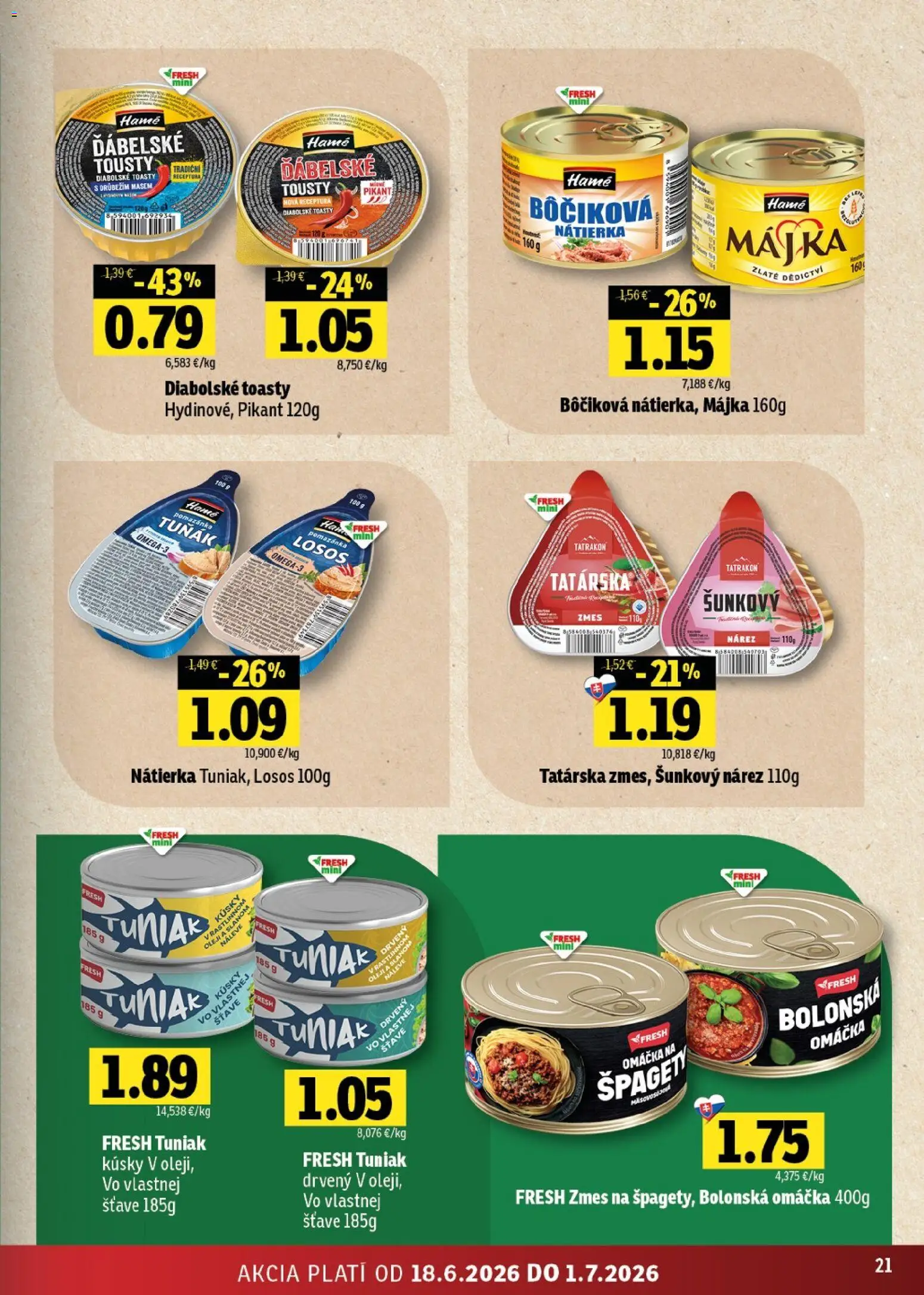 Nové Fresh akcie – leták je platný od 18.06.2026 | Strana: 21 | Produkty: Tuniak, Losos, Omáčka, Špagety