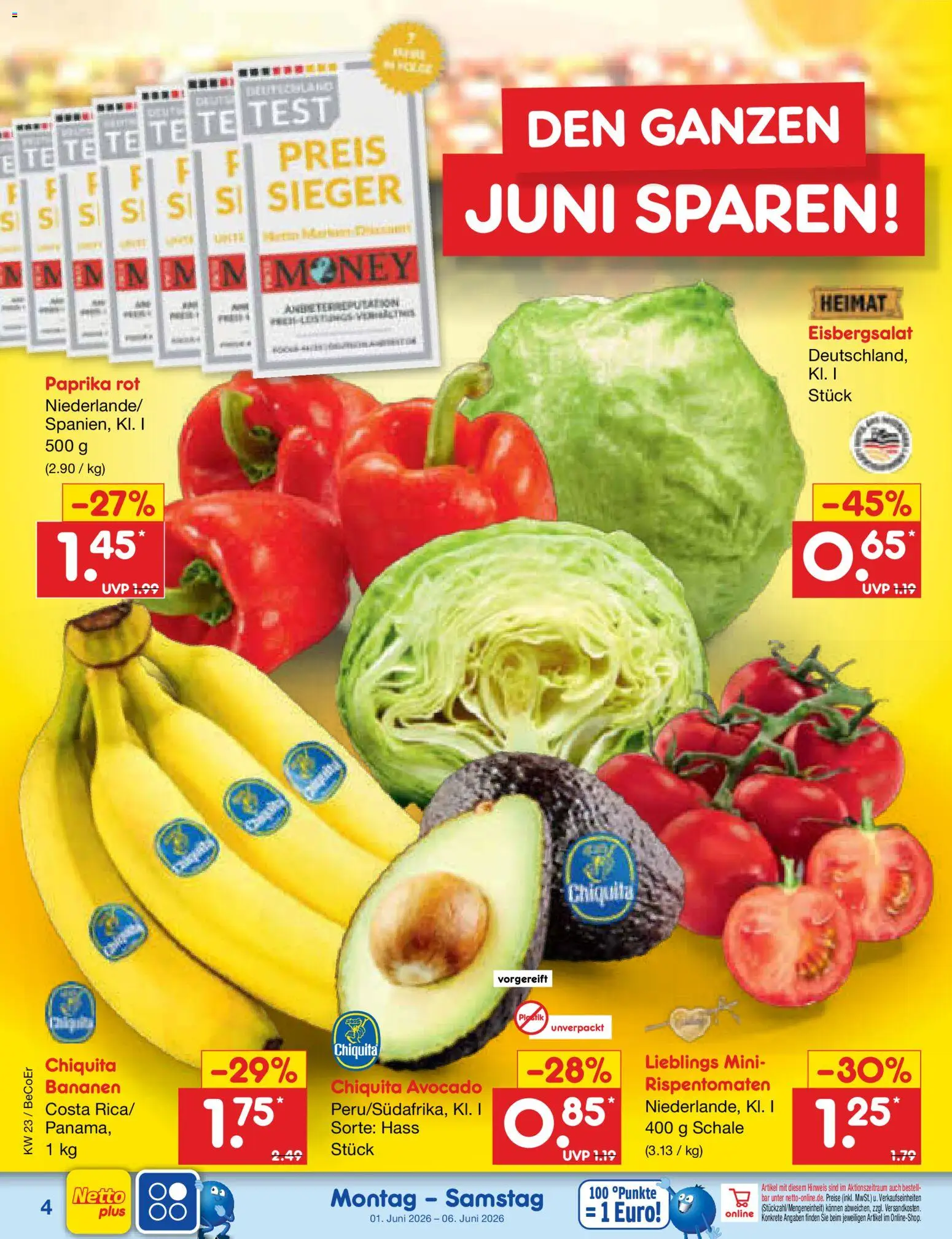Netto Marken-Discount Prospekt – gültig ab 01.06.2026 | Seite: 4 | Produkte: Bananen, Eisbergsalat, Avocado, Paprika