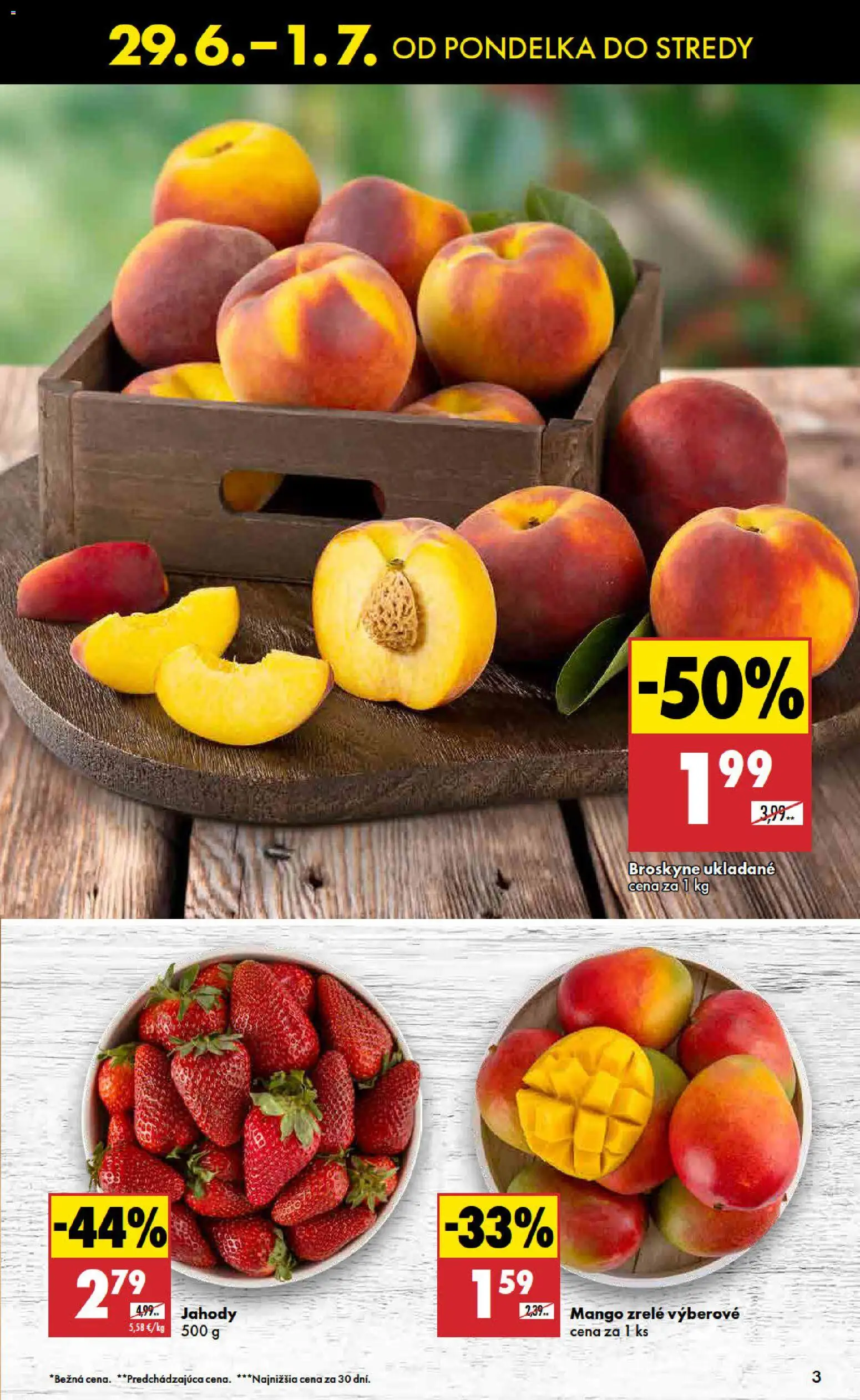 Nové Biedronka akcie – leták je platný od 29.06.2026 | Strana: 3 | Produkty: Jahody, Mango, Broskyne