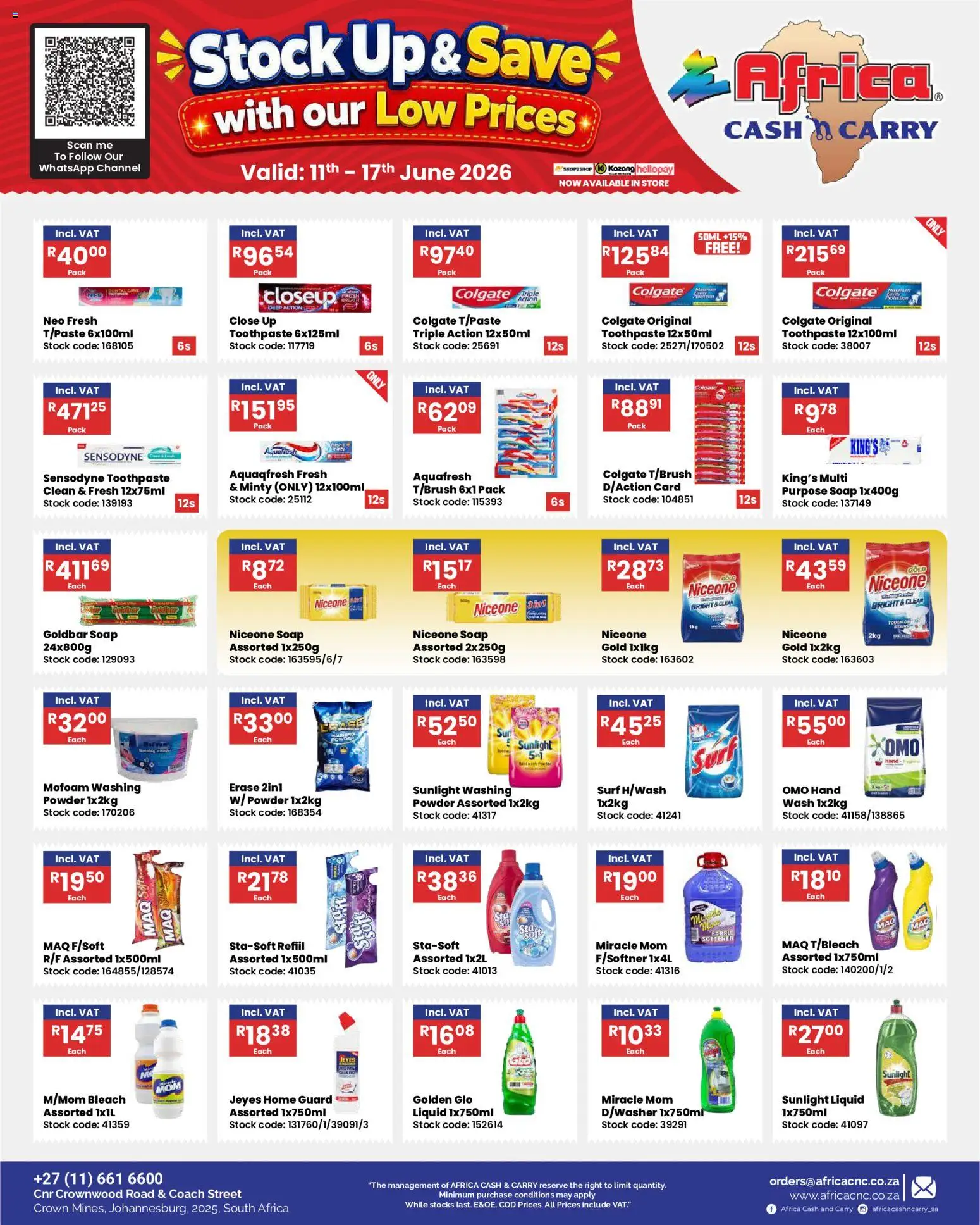 New Africa Cash & Carry catalogue – valid from 11.06.2026 | Page: 19 | Products: Bleach, Stock, Soap, Toothpaste