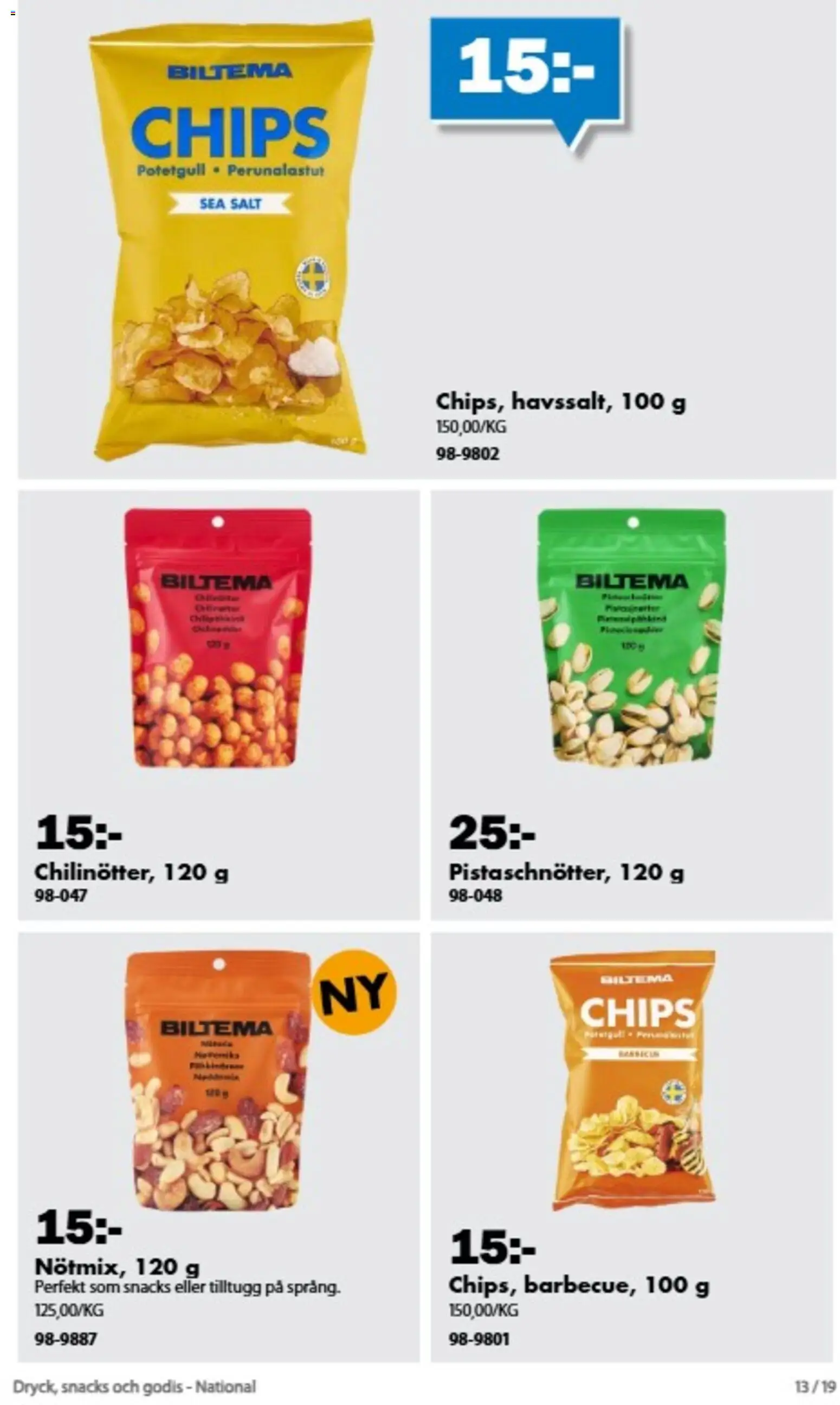 Biltema reklamblad aktuell från 21/08/2026 | Sida: 12 | Produkter: Salt, Chips, Snacks, Godis