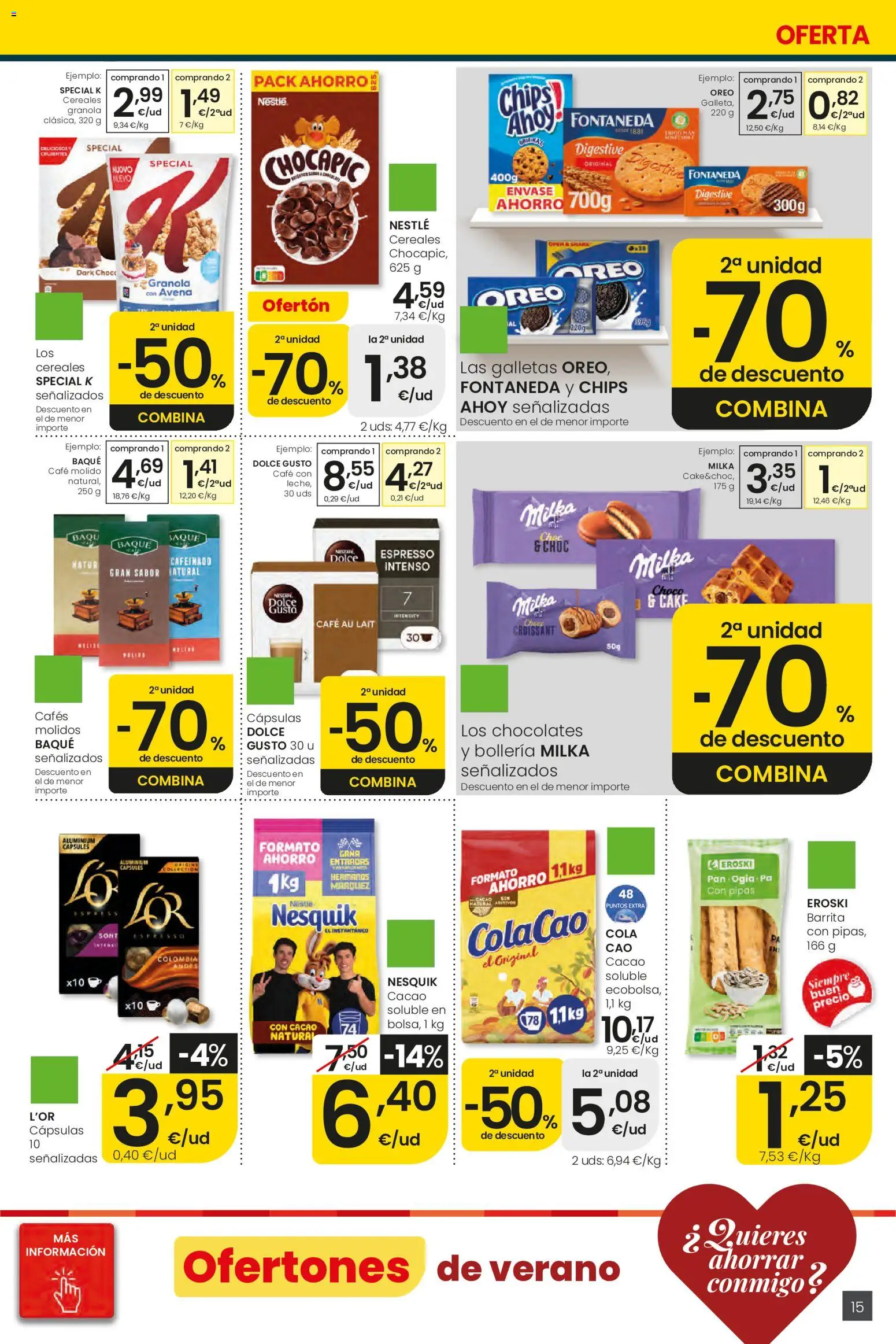 Eroski Ofertones de verano │ válido desde el 28.05.2026 | Página: 15 | Productos: Café, Croissant, Galletas, Φρυγανιές σικάλεως