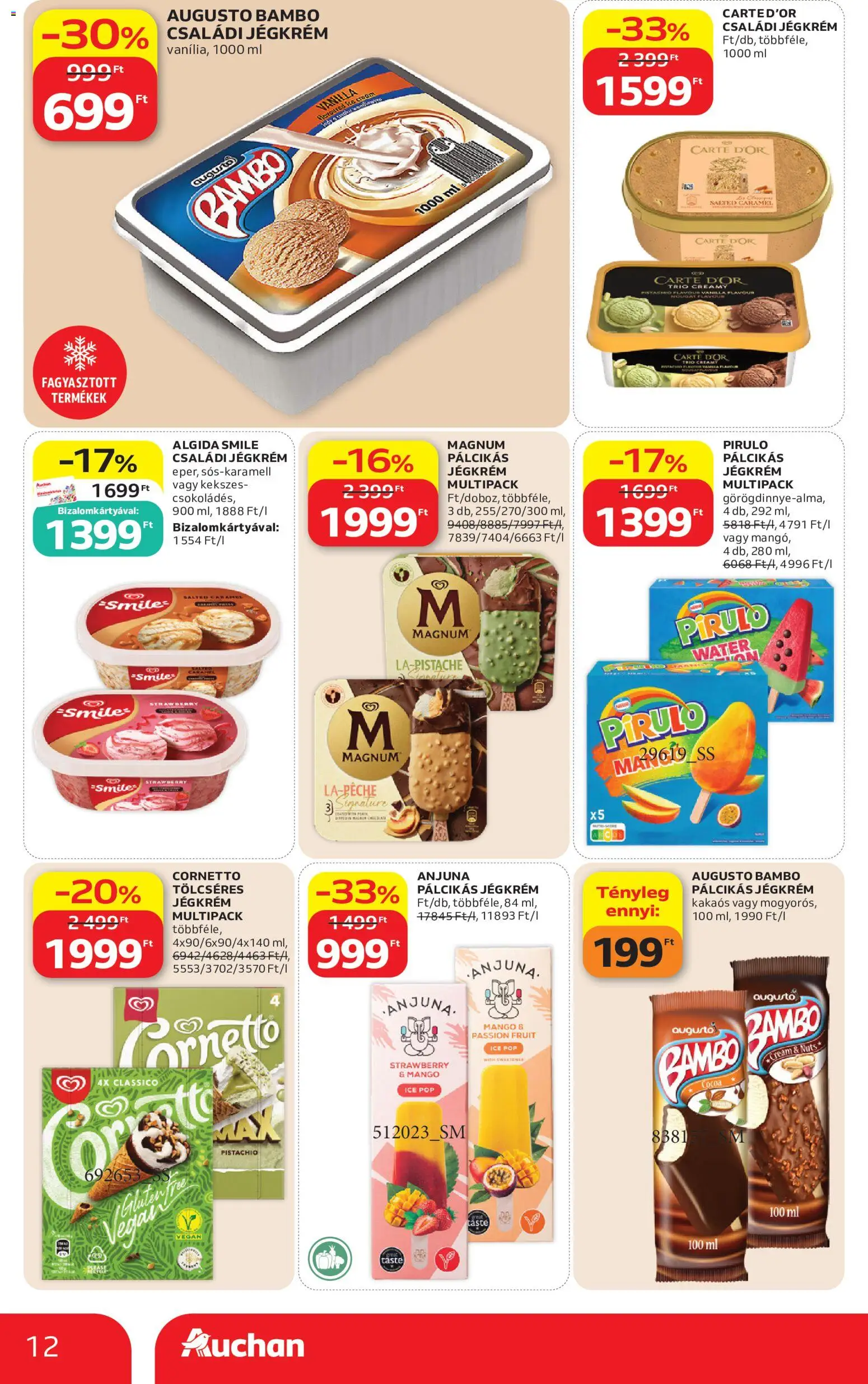 Auchan akciós ujság - amely érvényes a következő dátumtól: 2026.08.06. | Oldal: 12 | Termékek: Magnum, Jégkrém, Pálcikás jégkrém, Mangó