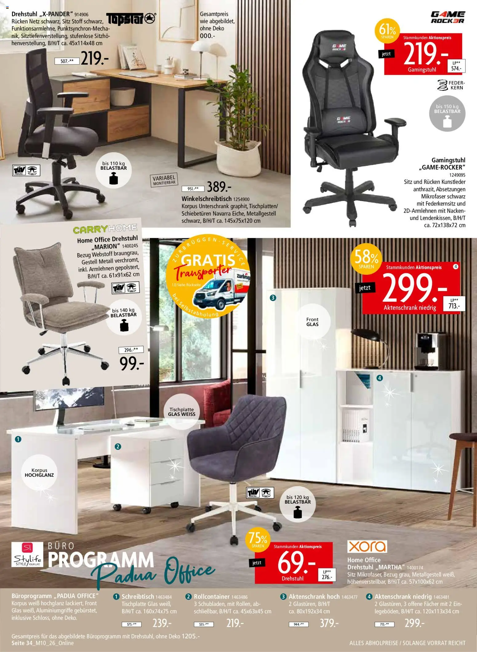 Zurbrüggen Mitnahme Möbel – gültig ab 08.08.2026 | Seite: 34 | Produkte: Unterschrank, Gamingstuhl, Rollcontainer