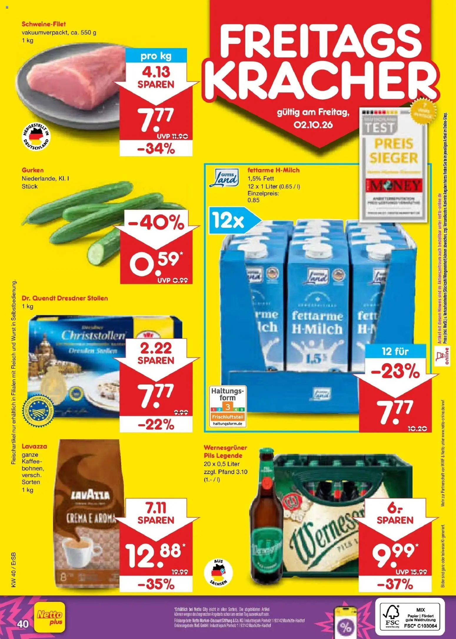 Netto Marken-Discount Prospekt Nordhausen – gültig ab 28.09.2026 | Seite: 62 | Produkte: Lavazza, Wernesgruner, Schweinefilet, Gurken