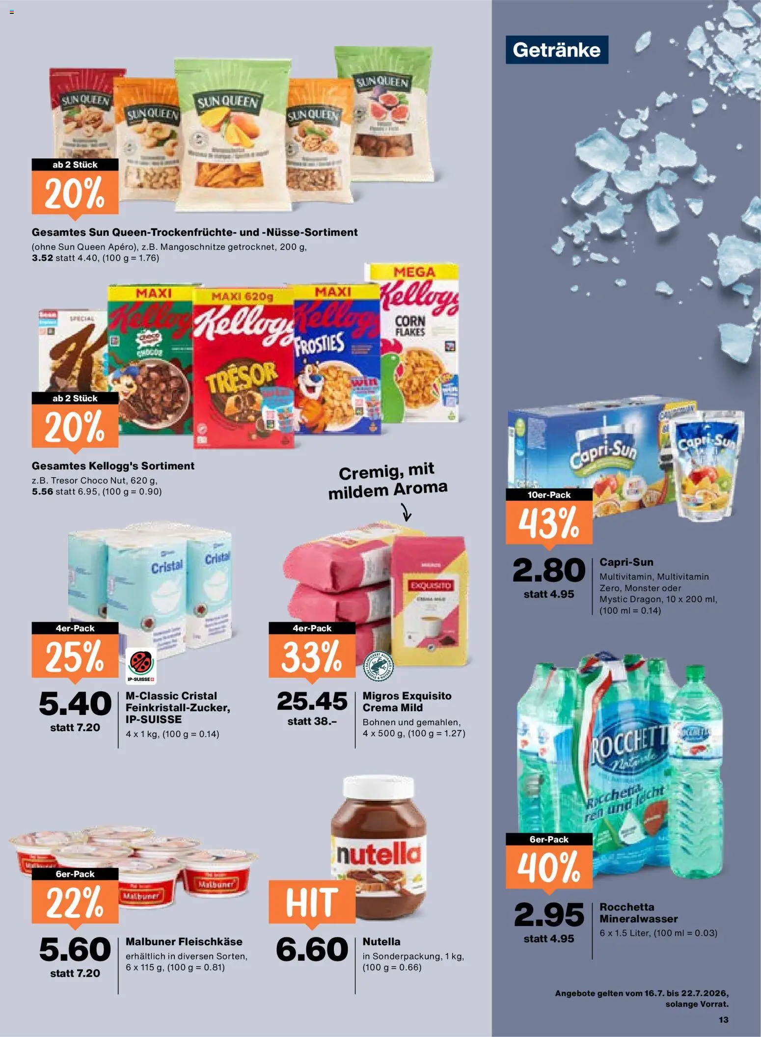Migros aktionen – gültig ab 16.07.2026 | Seite: 13 | Produkte: Getränke, Nutella, Mineralwasser