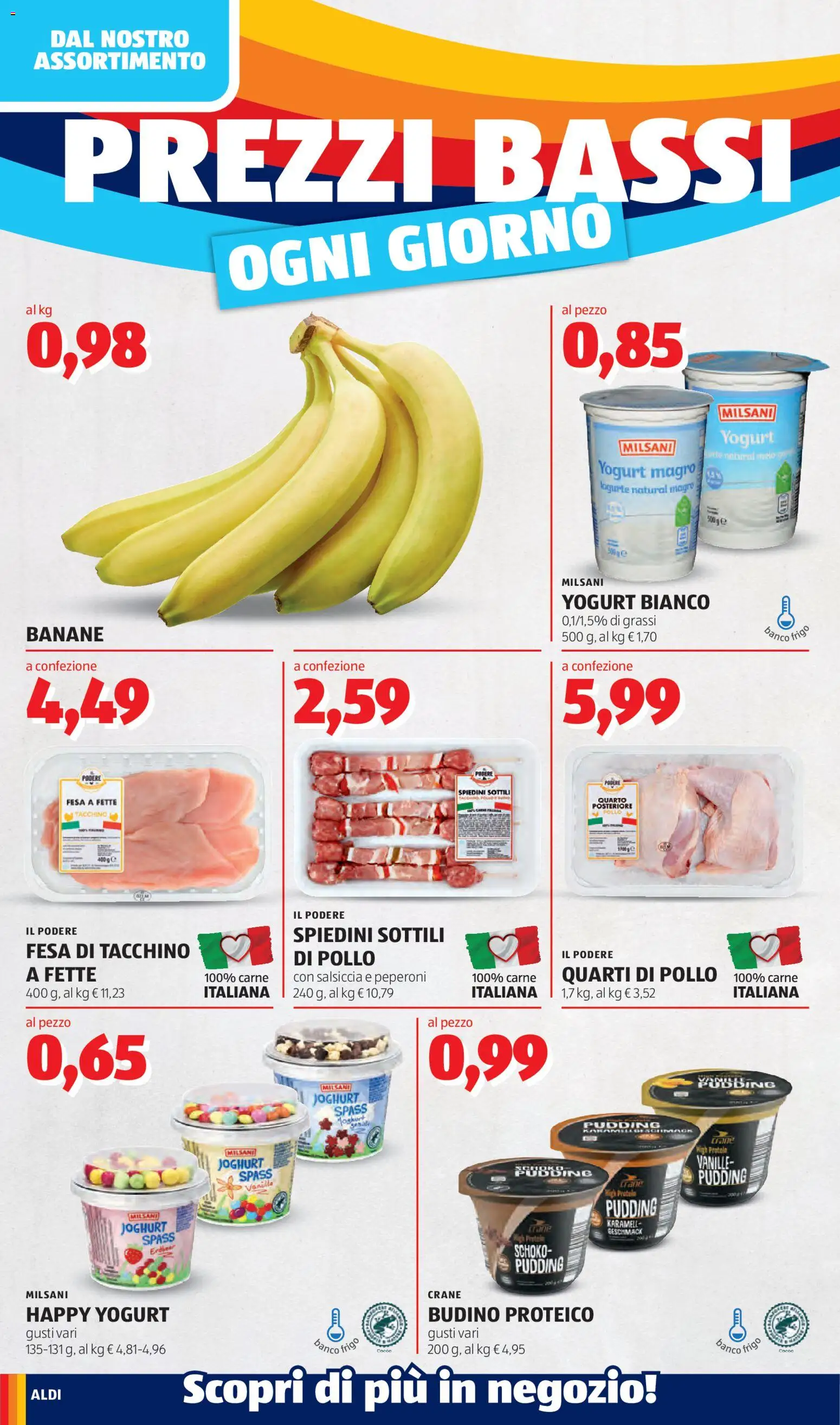 Volantino Aldi del 03/08/2026 | Pagina: 2 | Prodotti: Yogurt, Salsiccia, Yogurt magro, Fette di pollo