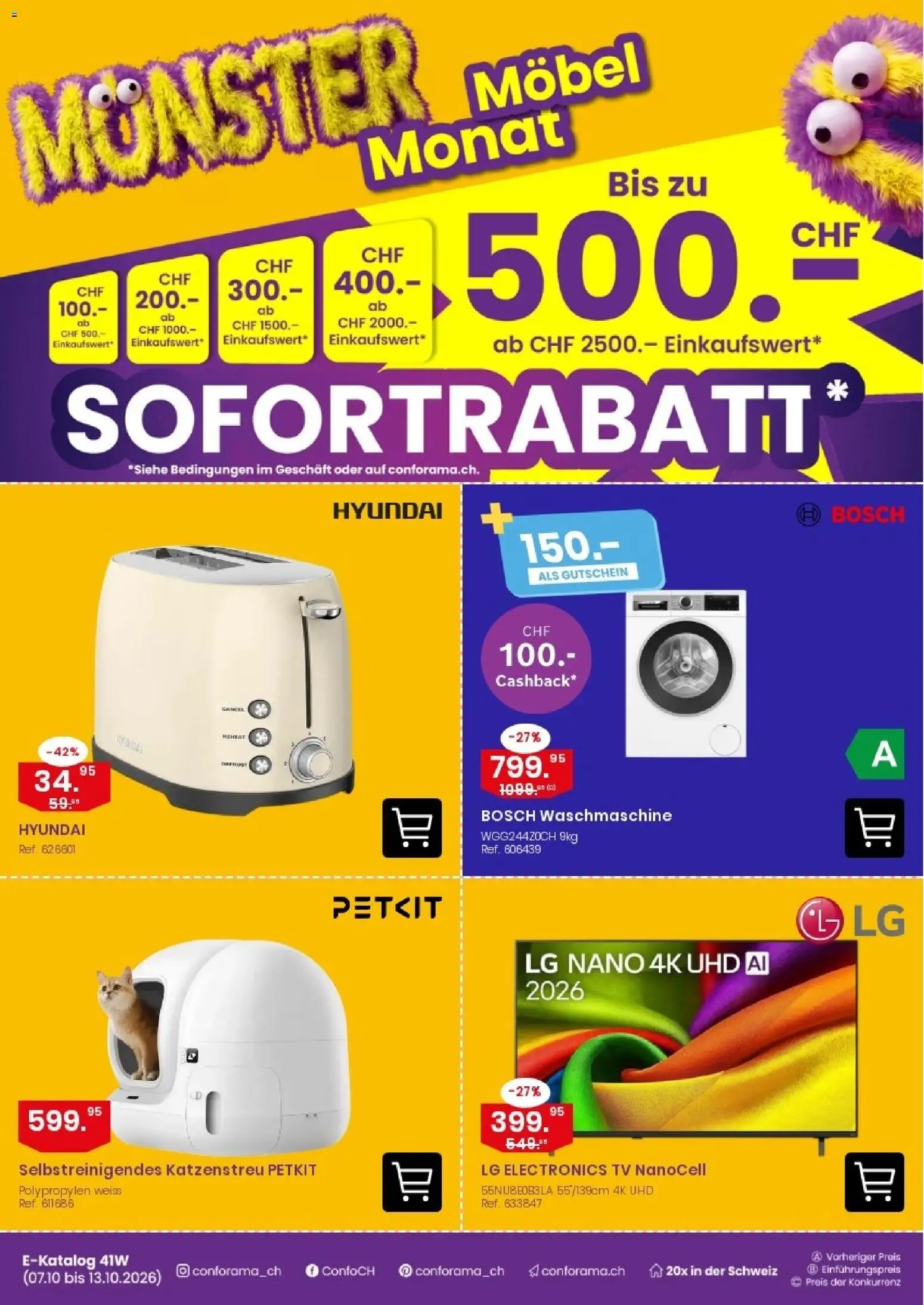 Conforama aktionen E-catalog – gültig ab 07.10.2026 | Seite: 1 | Produkte: Katzenstreu, Waschmaschine, Bosch, LG