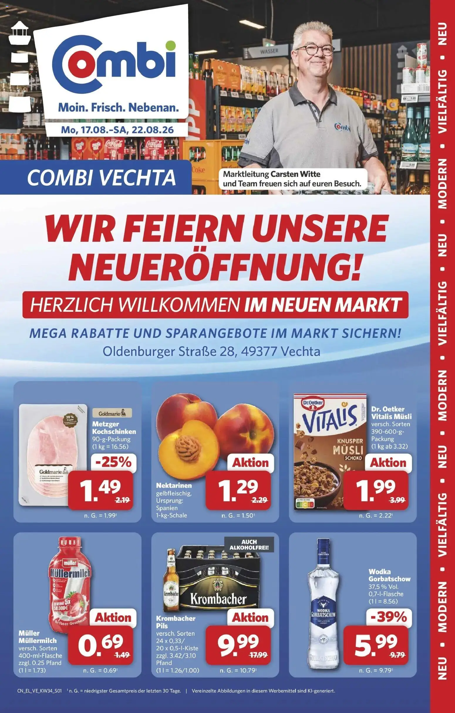Combi Prospekt Vechta (ab 17.08.2026) zum Blättern | Seite: 1 | Produkte: Musli, Wasser, Wodka gorbatschow, Muller mullermilch