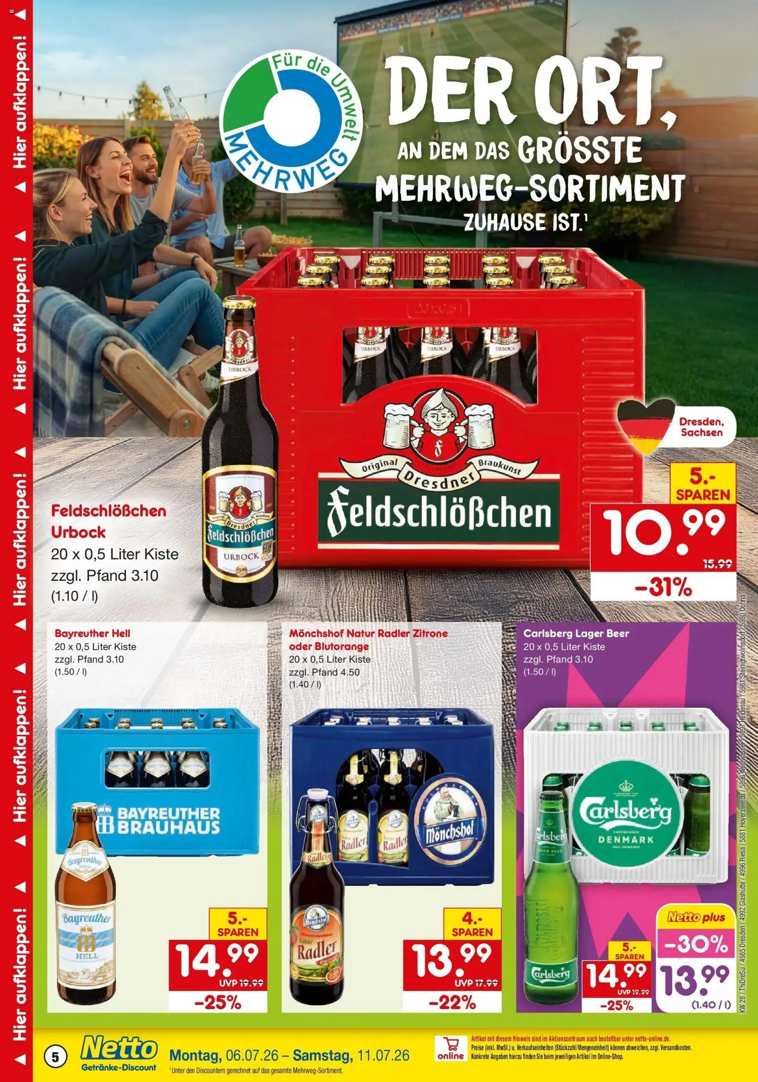 Netto Marken-Discount - Netto: Getränkeangebote – gültig ab 05.07.2026 | Seite: 5 | Produkte: Bayreuther hell, Monchshof, Carlsberg, Zitrone