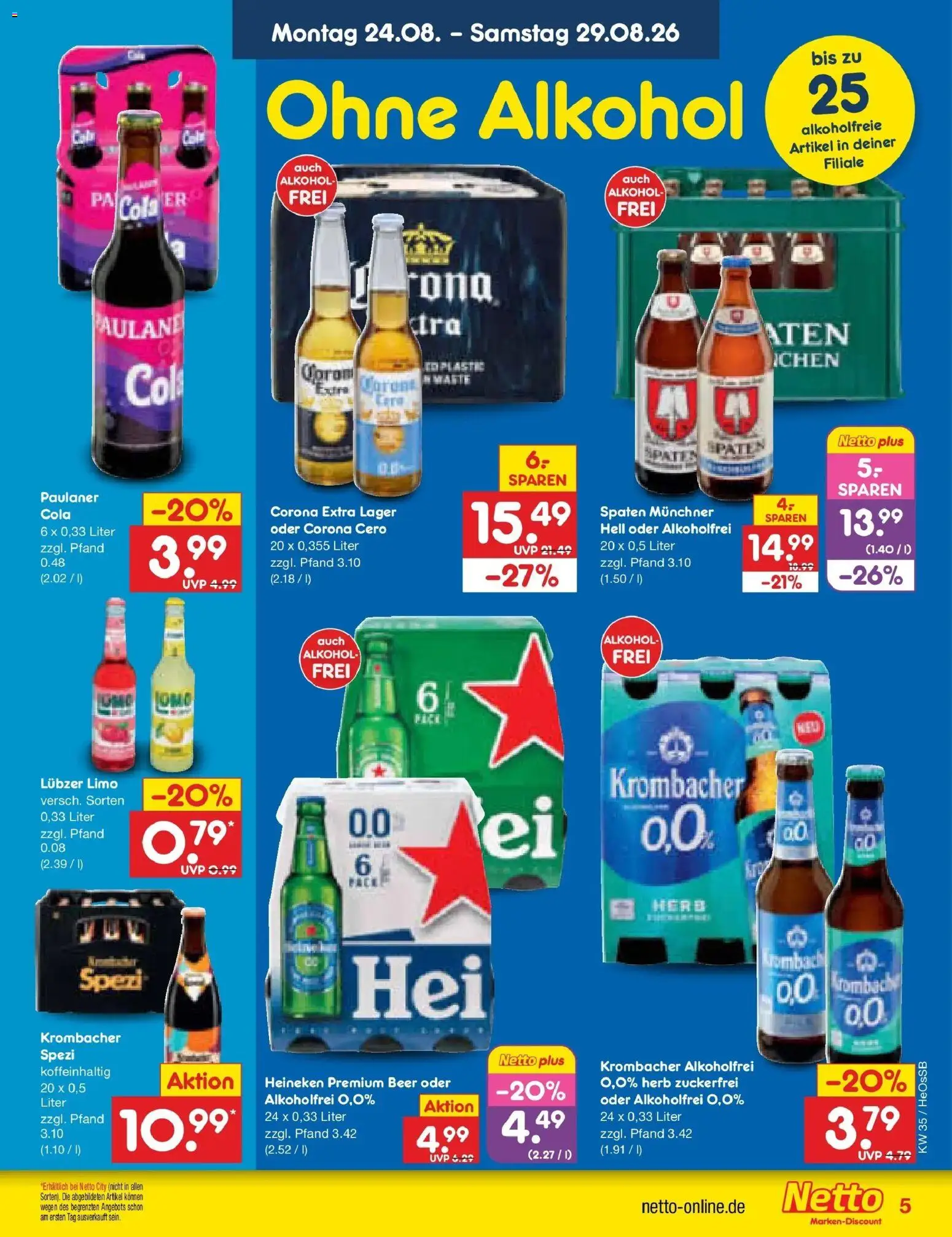 Netto Marken-Discount Prospekt Rostock – gültig ab 24.08.2026 | Seite: 5 | Produkte: Cola, Krombacher alkoholfrei, Krombacher, Paulaner