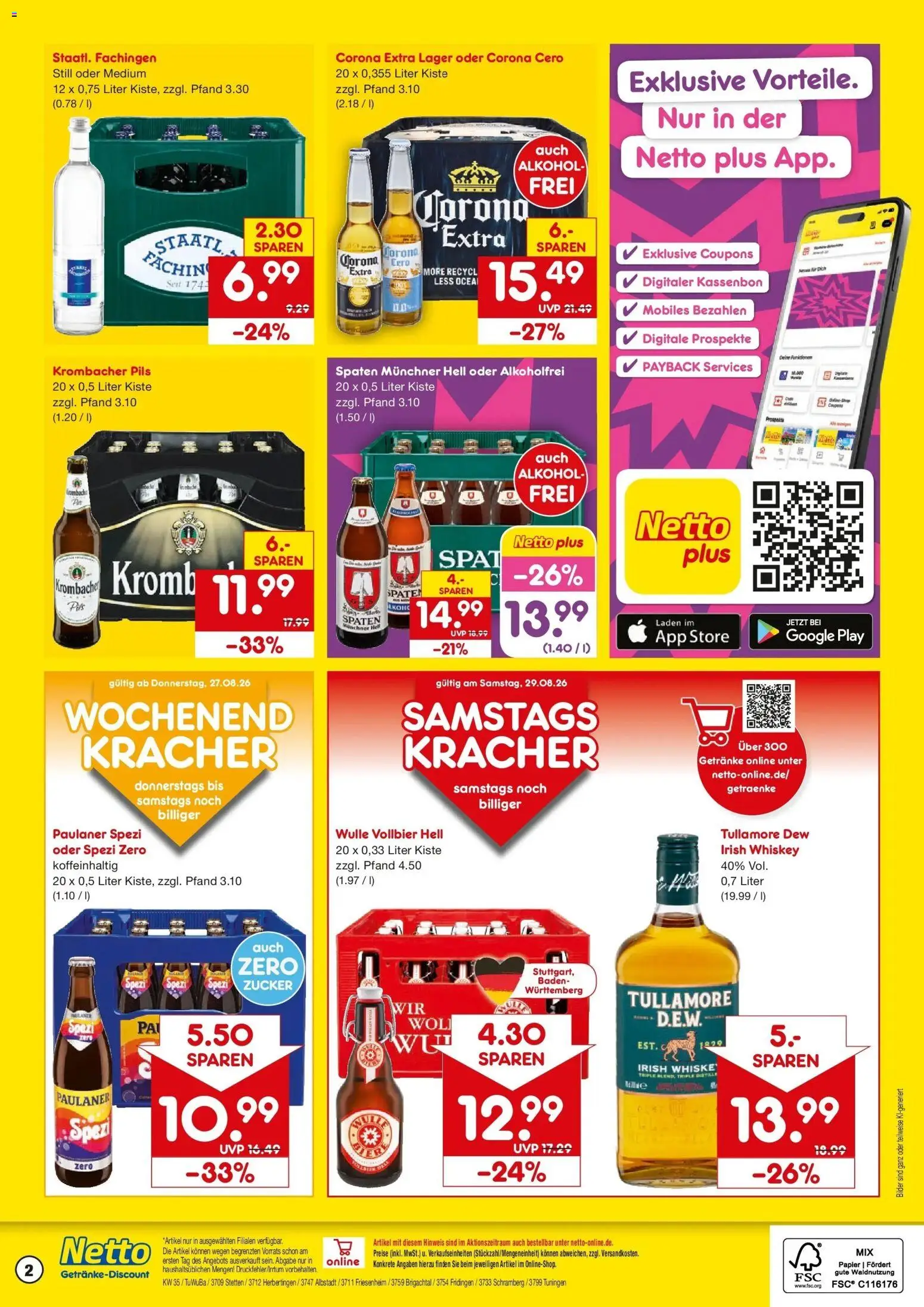 Netto Marken-Discount Prospekt Friesenheim (ab 24.08.2026) » Angebote | Seite: 2 | Produkte: Paulaner spezi, Alkohol, Whiskey, Paulaner