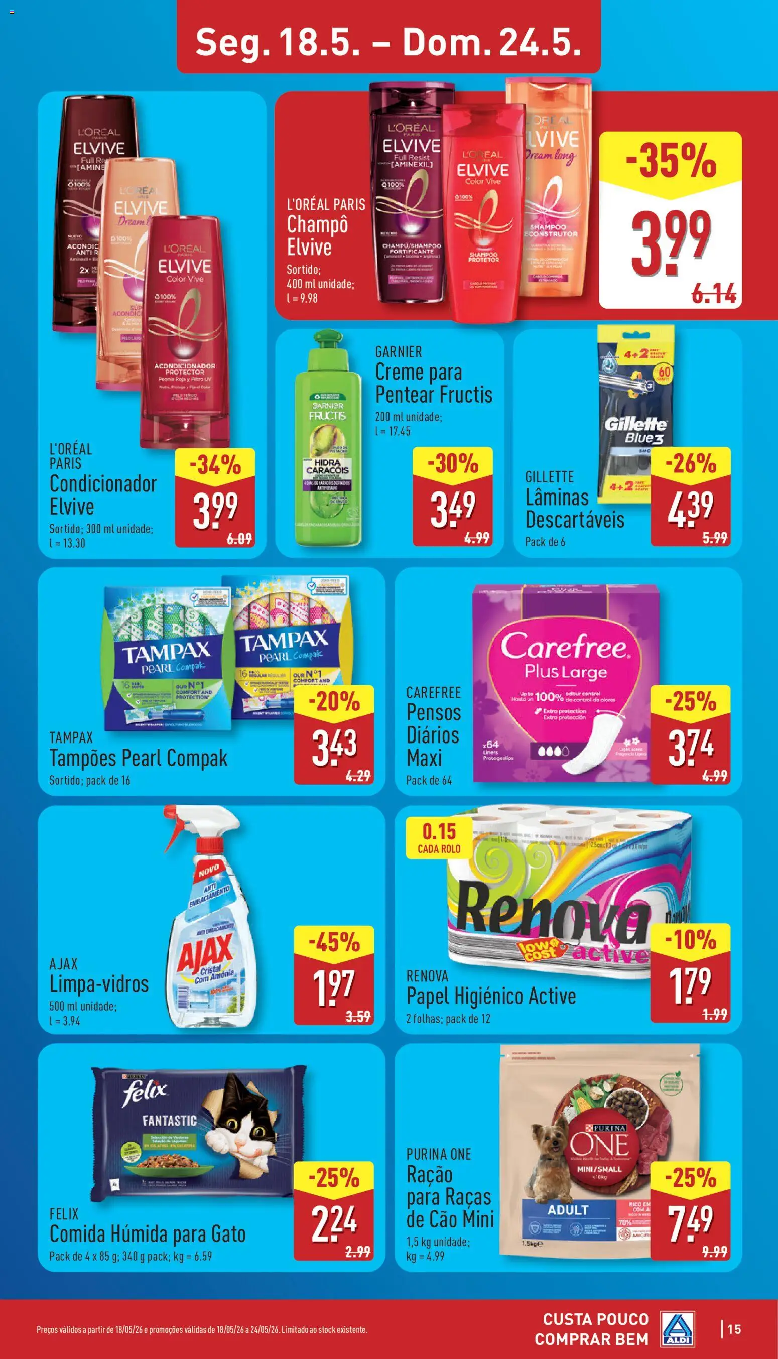 Aldi folheto │ válido de 18.05.2026 | Página: 15 | Produtos: Purina one, Papel higiénico, Shampoo, Condicionador