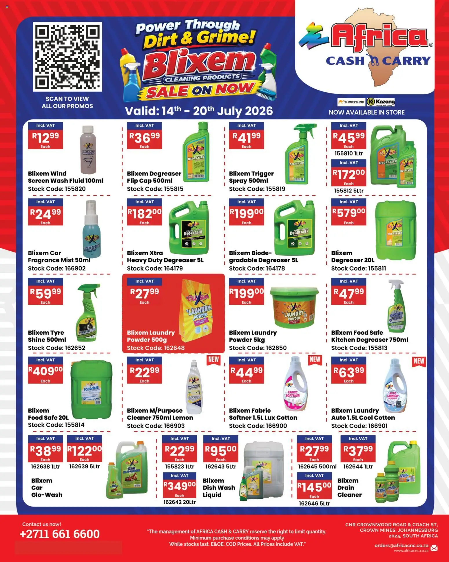 New Africa Cash & Carry catalogue – valid from 14/07/2026 | Page: 1 | Products: Softner, Fragrance, Degreaser, Stock