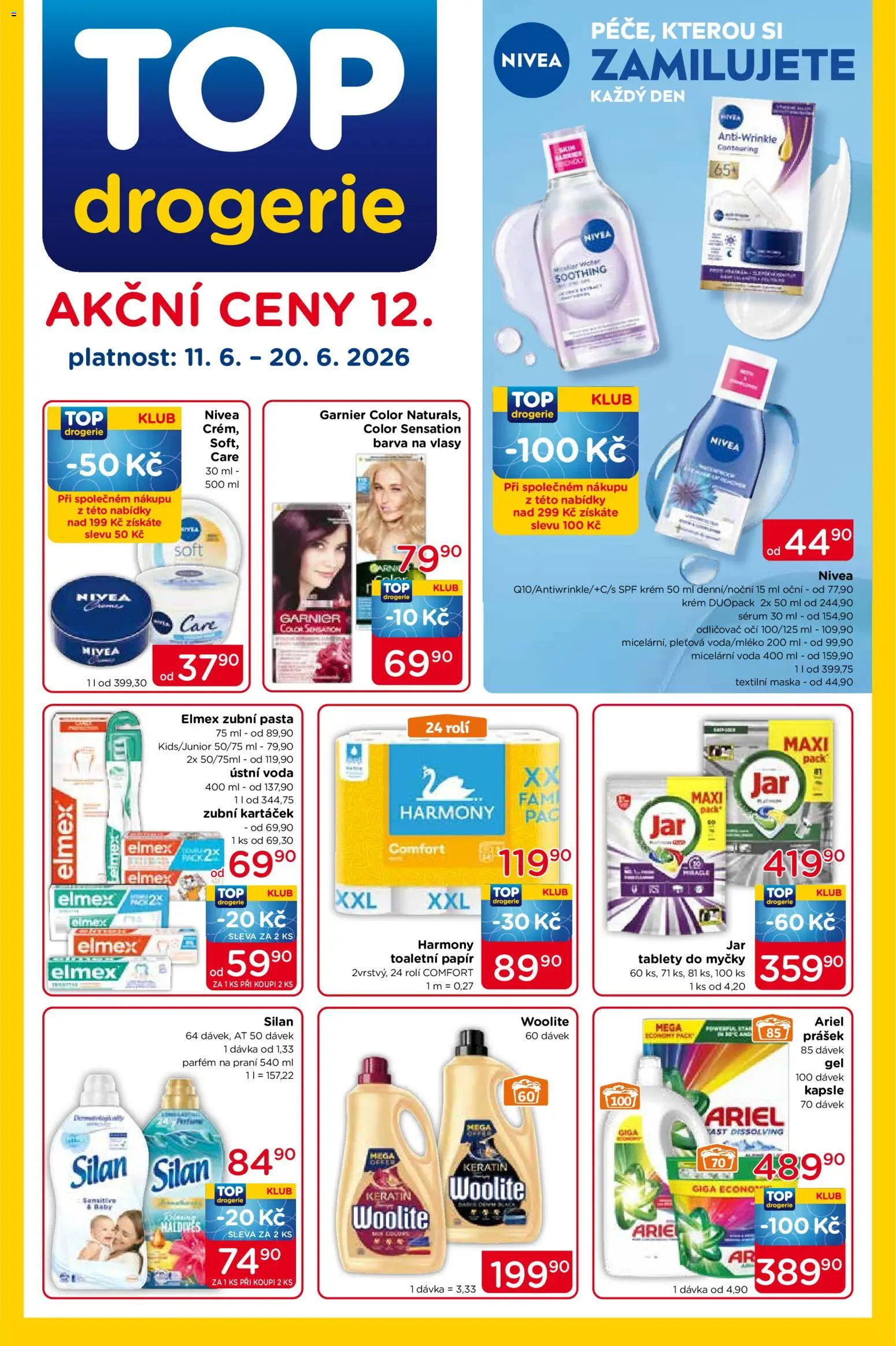 Top drogerie leták od 11.06.2026 | Strana: 1 | Produkty: Voda, Kapsle, Ariel, Silan