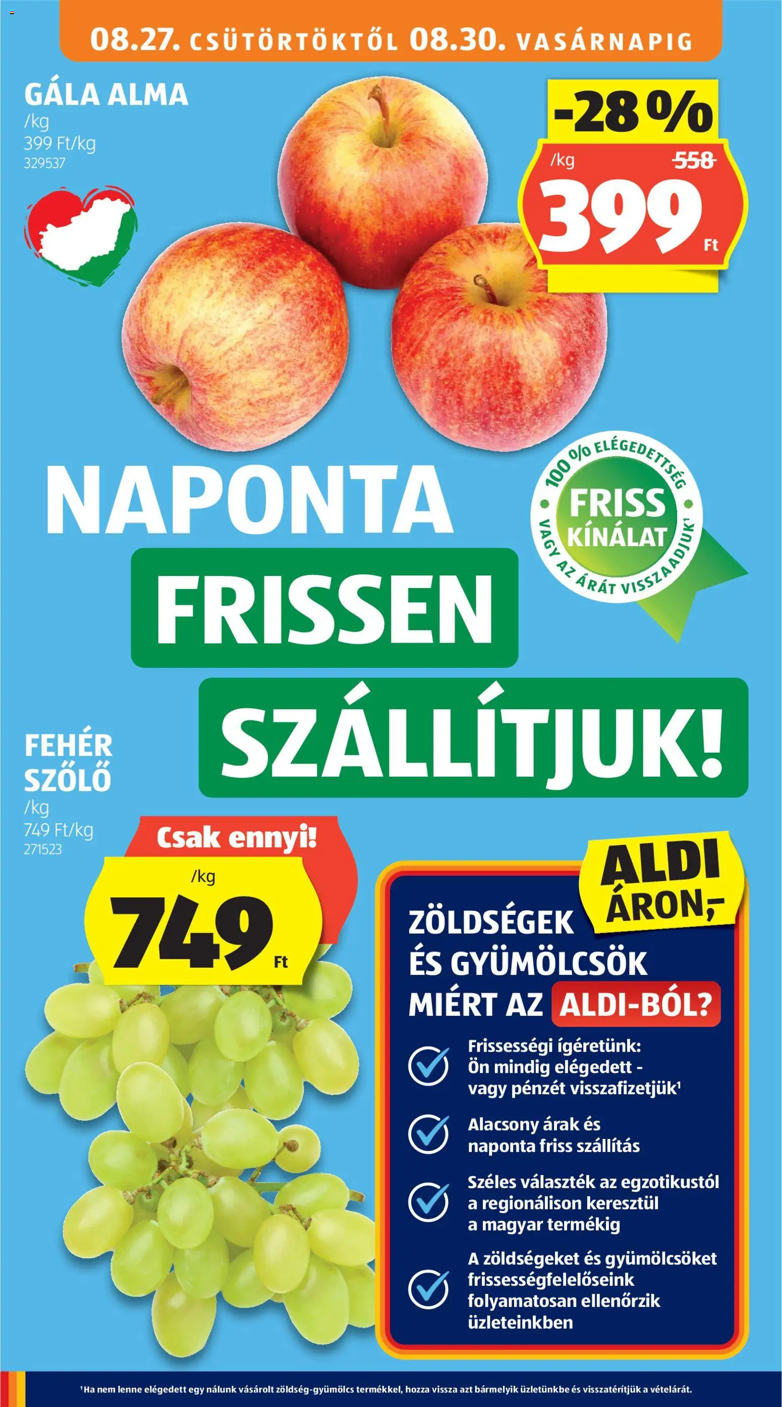 Aldi akciós ujság - amely érvényes a következő dátumtól: 2026.08.27. | Oldal: 20 | Termékek: Zöldségek, Szőlő, Fehér szőlő, Alma