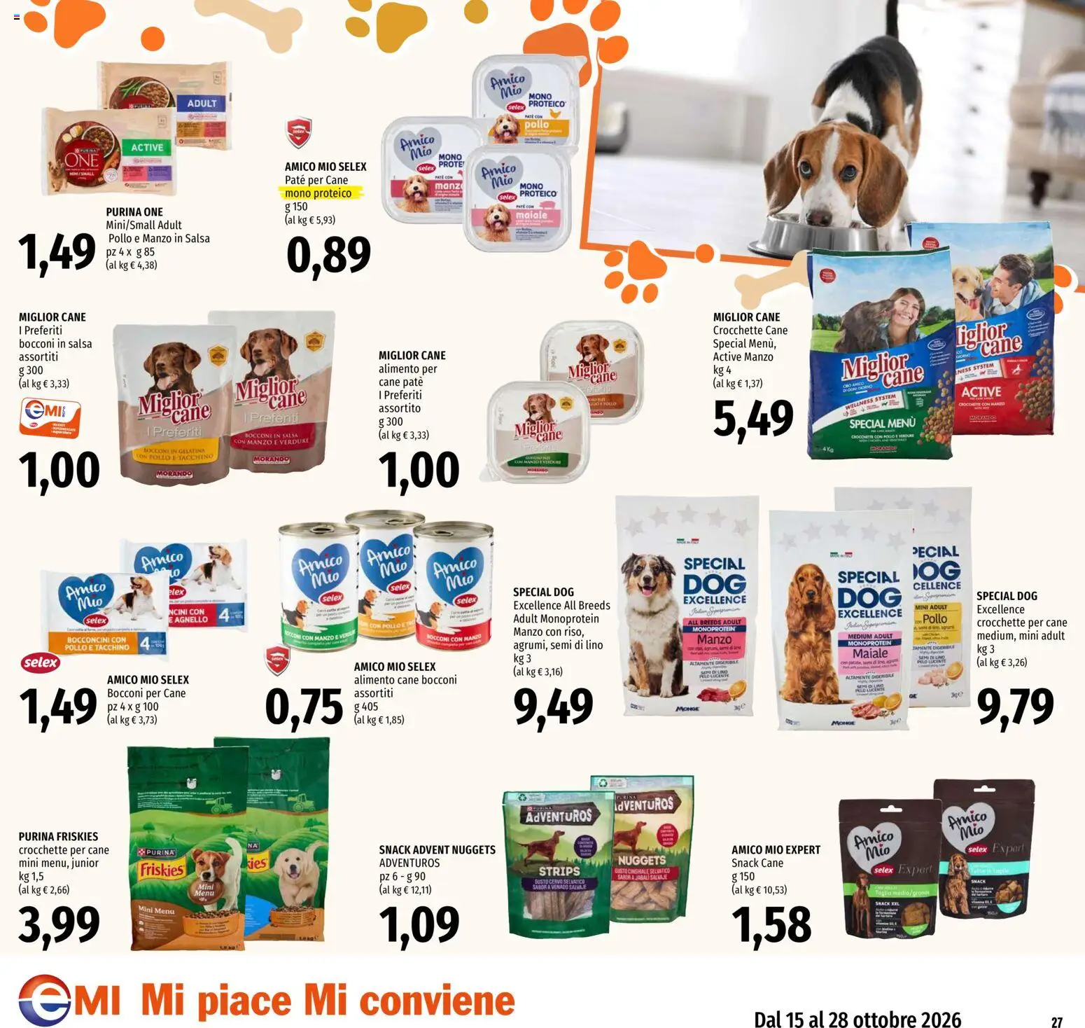 Volantino EMI del 15/10/2026 | Pagina: 27 | Prodotti: Paté, Pollo, Verdure, Crocchette cane
