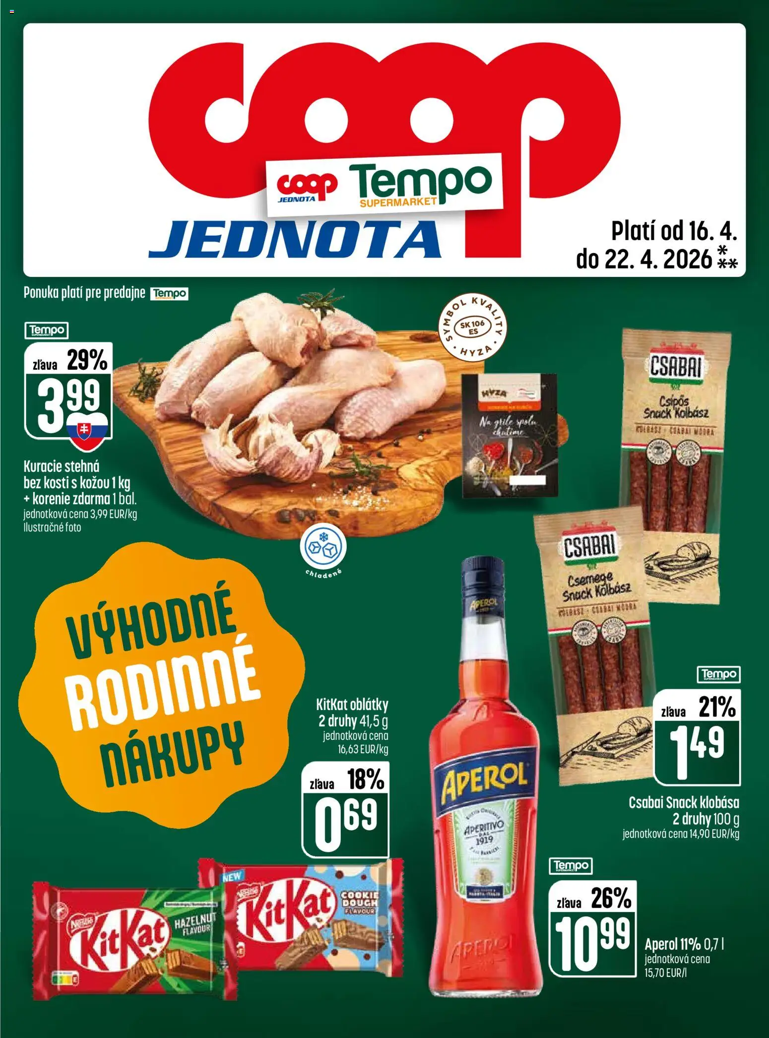 Nové COOP Jednota akcie – leták je platný od 16.04.2026 | Strana: 25 | Produkty: Klobása, Kuracie stehná, Korenie, Aperol