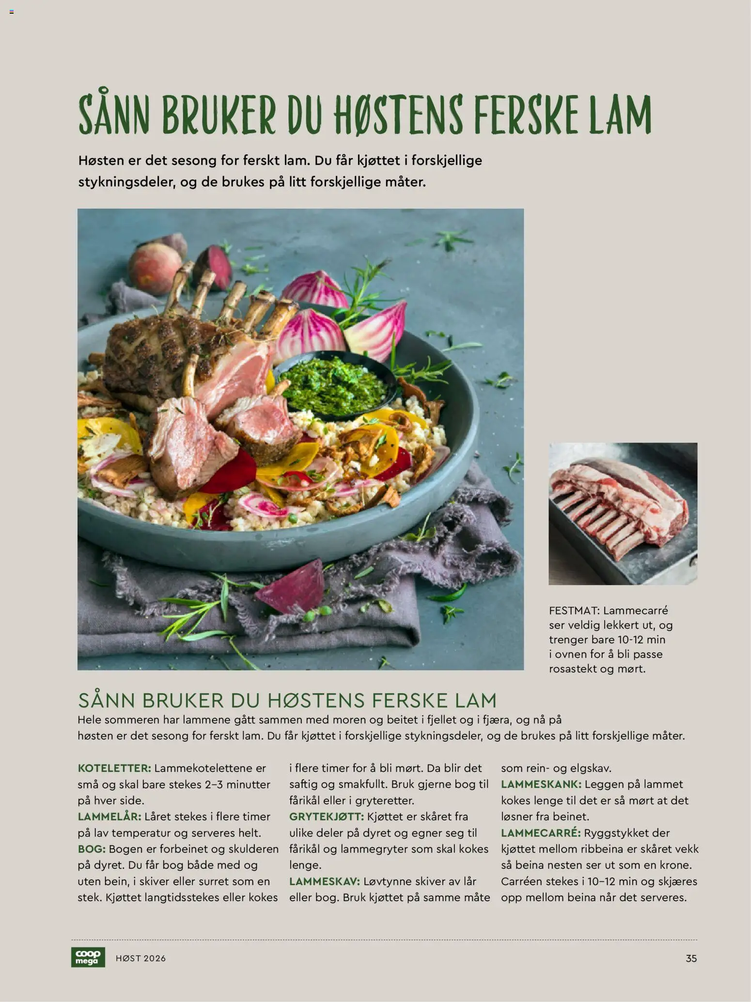 {H1} | Side: 35 | Produkter: Koteletter, Lammelår, Lammecarré, Bog