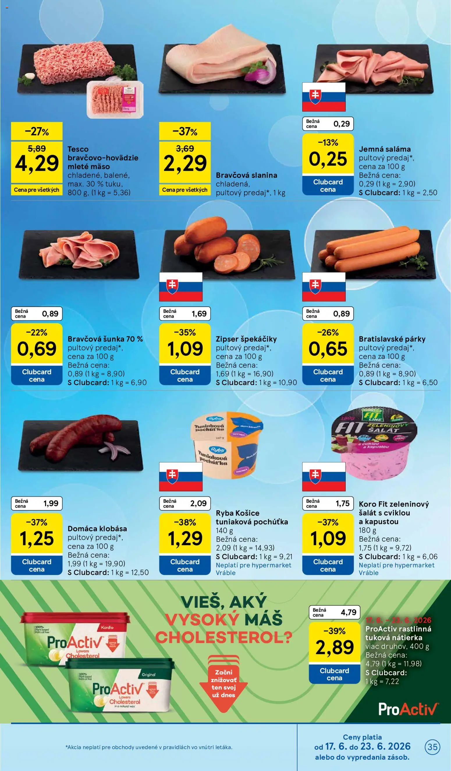 Nové Tesco akcie – leták je platný od 17.06.2026 | Strana: 35 | Produkty: Saláma, Šunka, Klobása, Šalát