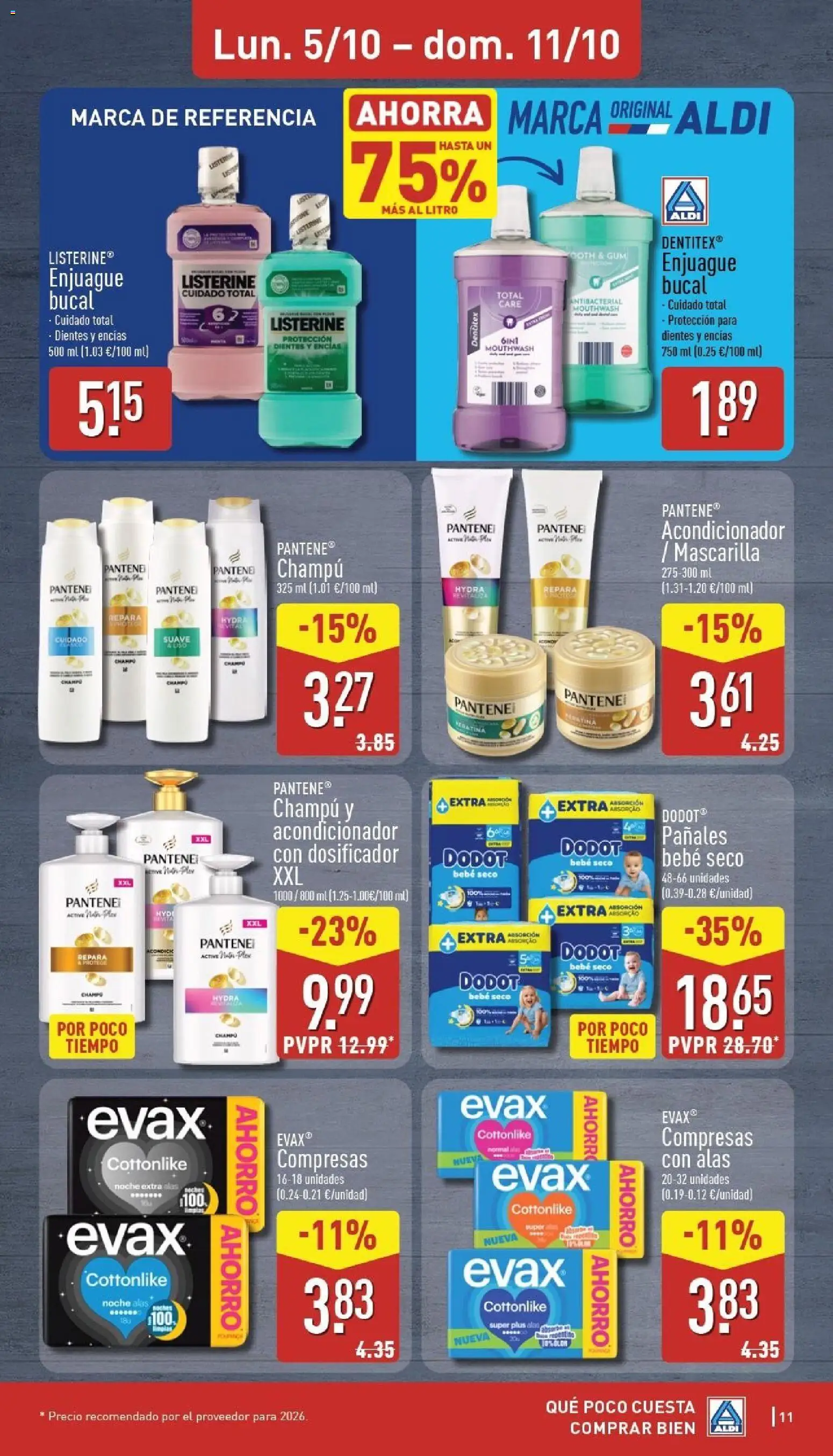 Aldi folleto Península │ válido desde el 05/10/2026 | Página: 11 | Productos: Compresas con alas, Champú, Enjuague bucal, Compresas