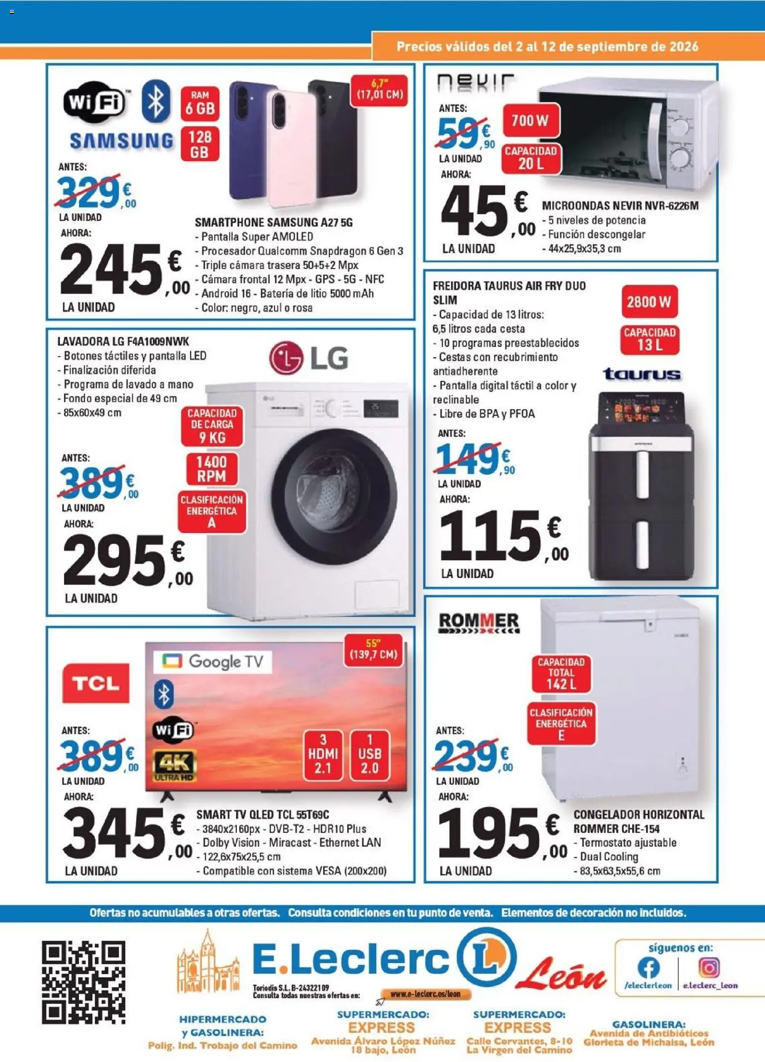 E.Leclerc folleto León │ válido desde el 02/09/2026 | Página: 16 | Productos: Smartphone, Lavadora, Batería, Cesta