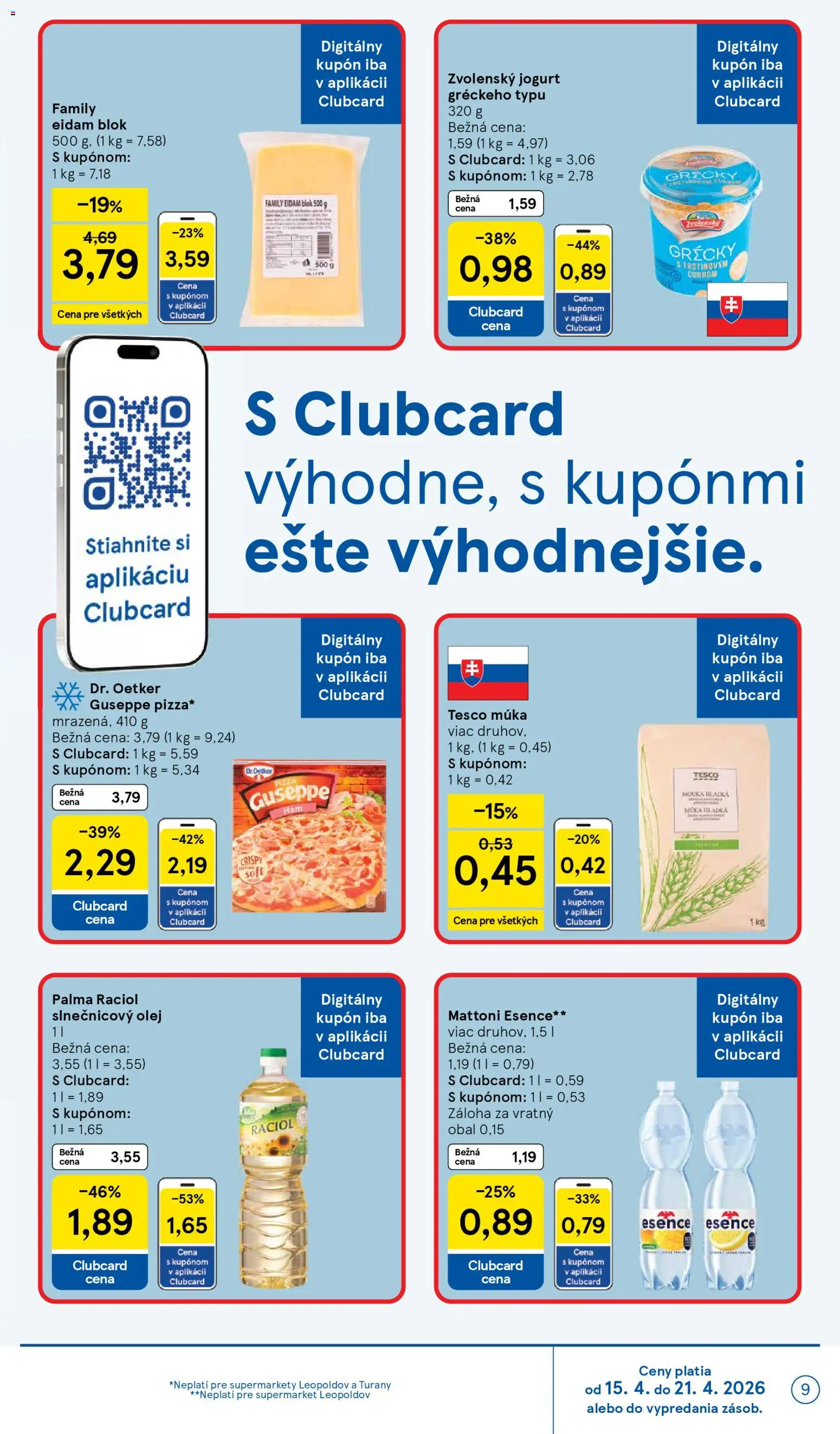 Nové Tesco akcie – leták je platný od 15.04.2026 | Strana: 9 | Produkty: Jogurt, Eidam, Slnečnicový olej, Mattoni
