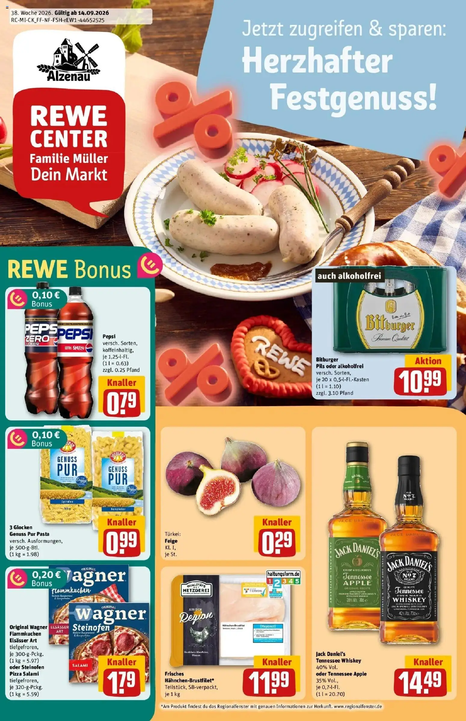 REWE Prospekt ab 14.09.2026 zum Blättern » Angebote | Seite: 1 | Produkte: Hahnchen, Pasta, Salami, Whiskey
